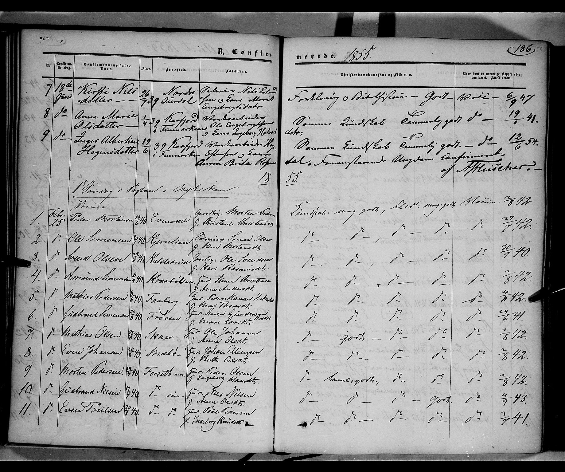 Gausdal prestekontor, SAH/PREST-090/H/Ha/Haa/L0008: Parish register (official) no. 8, 1850-1861, p. 186