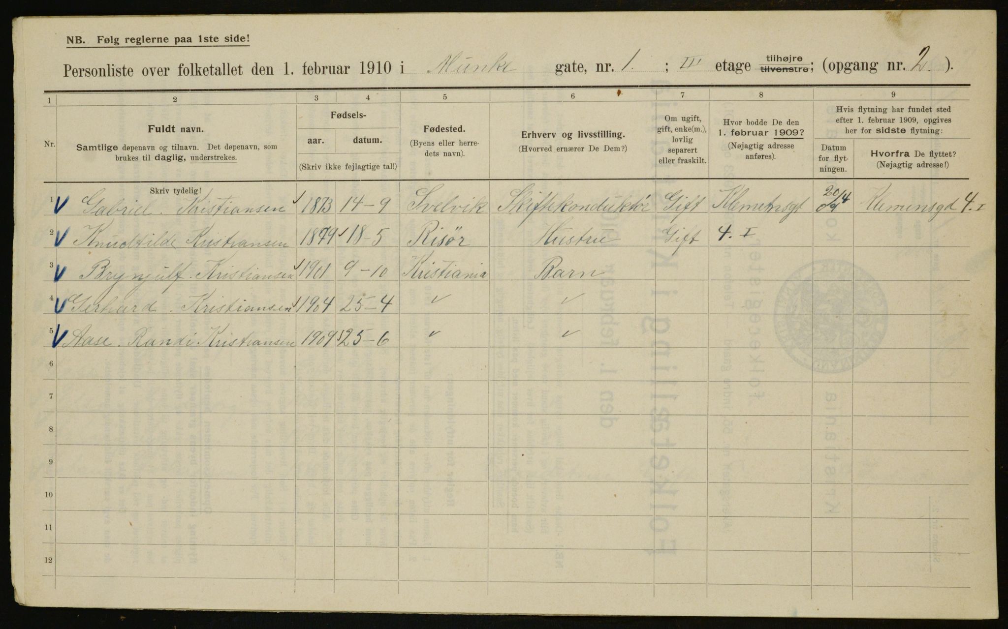 OBA, Municipal Census 1910 for Kristiania, 1910, p. 65603