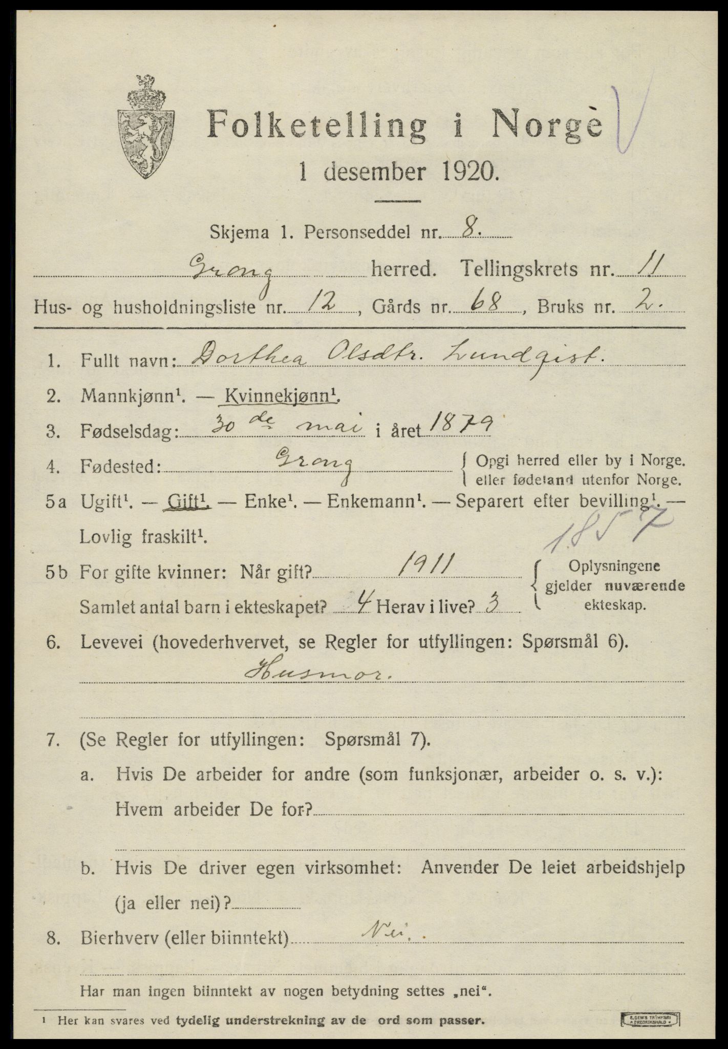 SAT, 1920 census for Grong, 1920, p. 6517