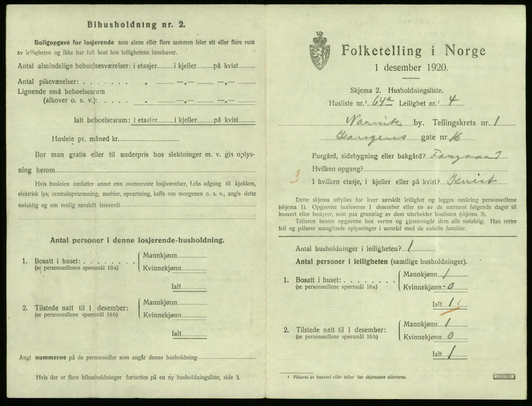 SAT, 1920 census for Narvik, 1920, p. 3980