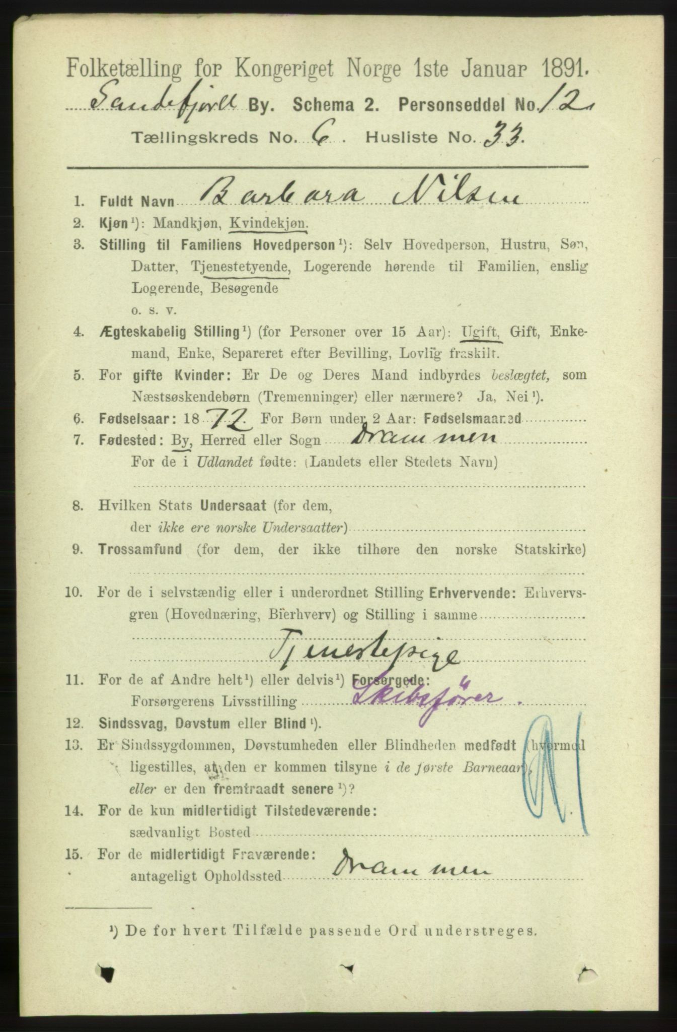 RA, 1891 census for 0706 Sandefjord, 1891, p. 2725