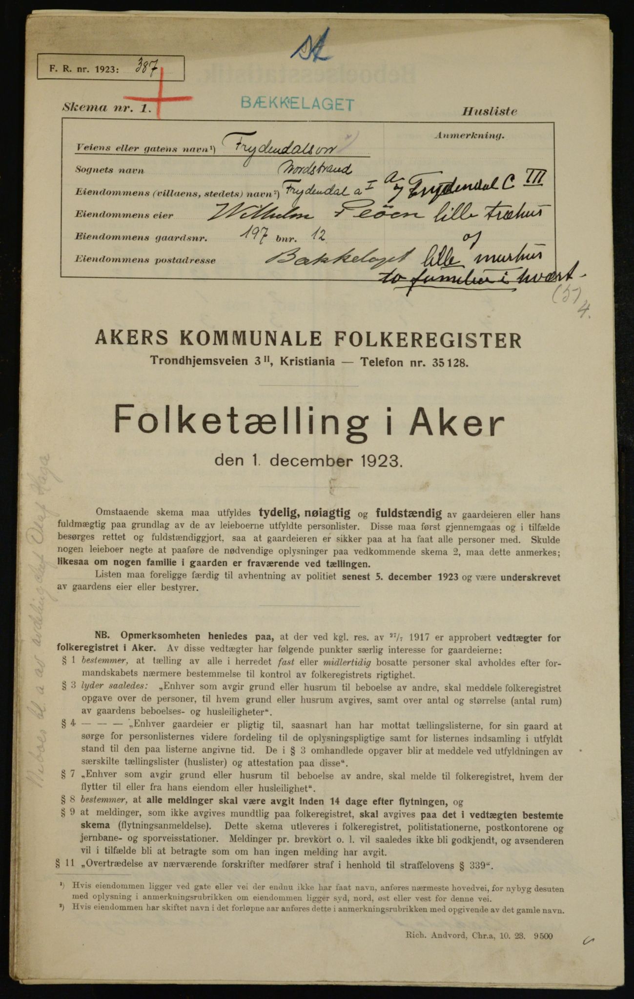 , Municipal Census 1923 for Aker, 1923, p. 38933