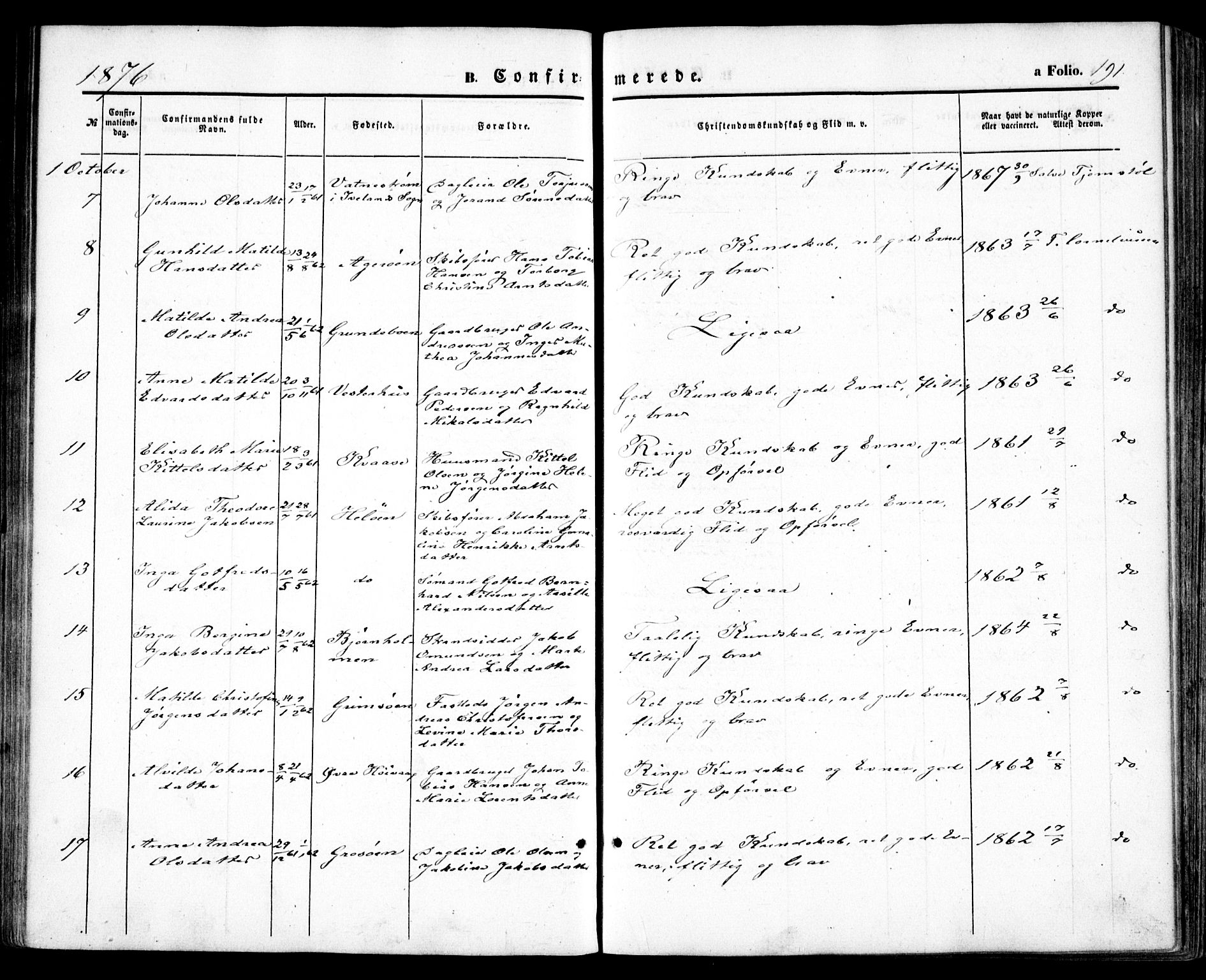 Høvåg sokneprestkontor, AV/SAK-1111-0025/F/Fa/L0004: Parish register (official) no. A 4, 1859-1877, p. 191