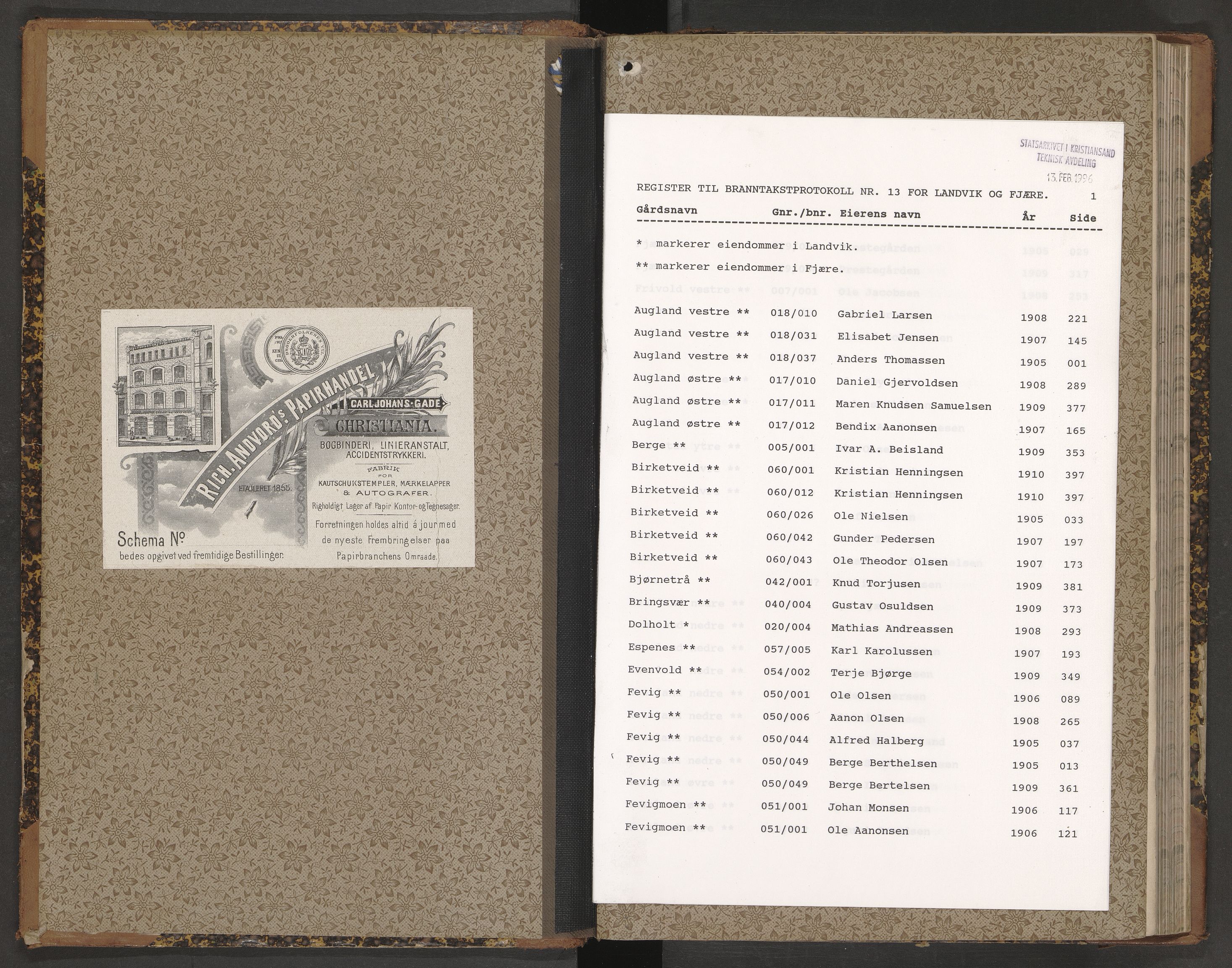 Norges Brannkasse Landvik og Fjære, AV/SAK-2241-0032/F/Fa/L0013: Branntakstprotokoll nr. 13, 1905-1910