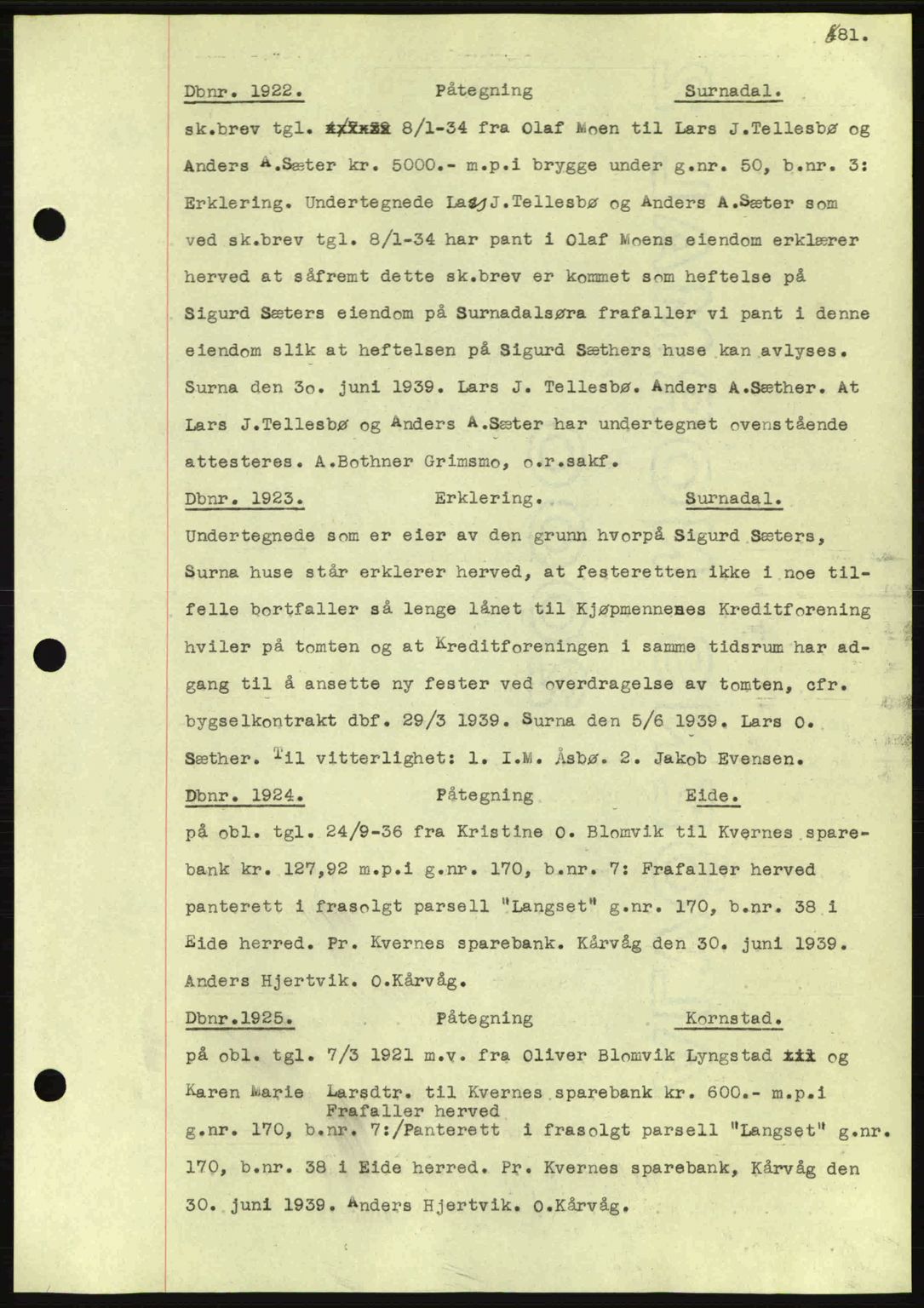 Nordmøre sorenskriveri, AV/SAT-A-4132/1/2/2Ca: Mortgage book no. C80, 1936-1939, Diary no: : 1922/1939