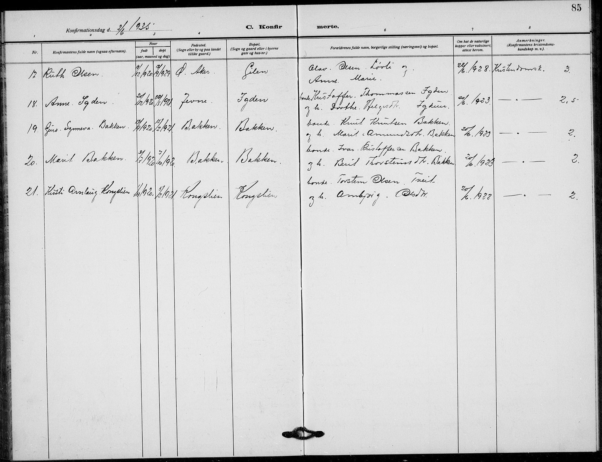 Vang prestekontor, Valdres, AV/SAH-PREST-140/H/Hb/L0012: Parish register (copy) no. 12, 1919-1937, p. 85