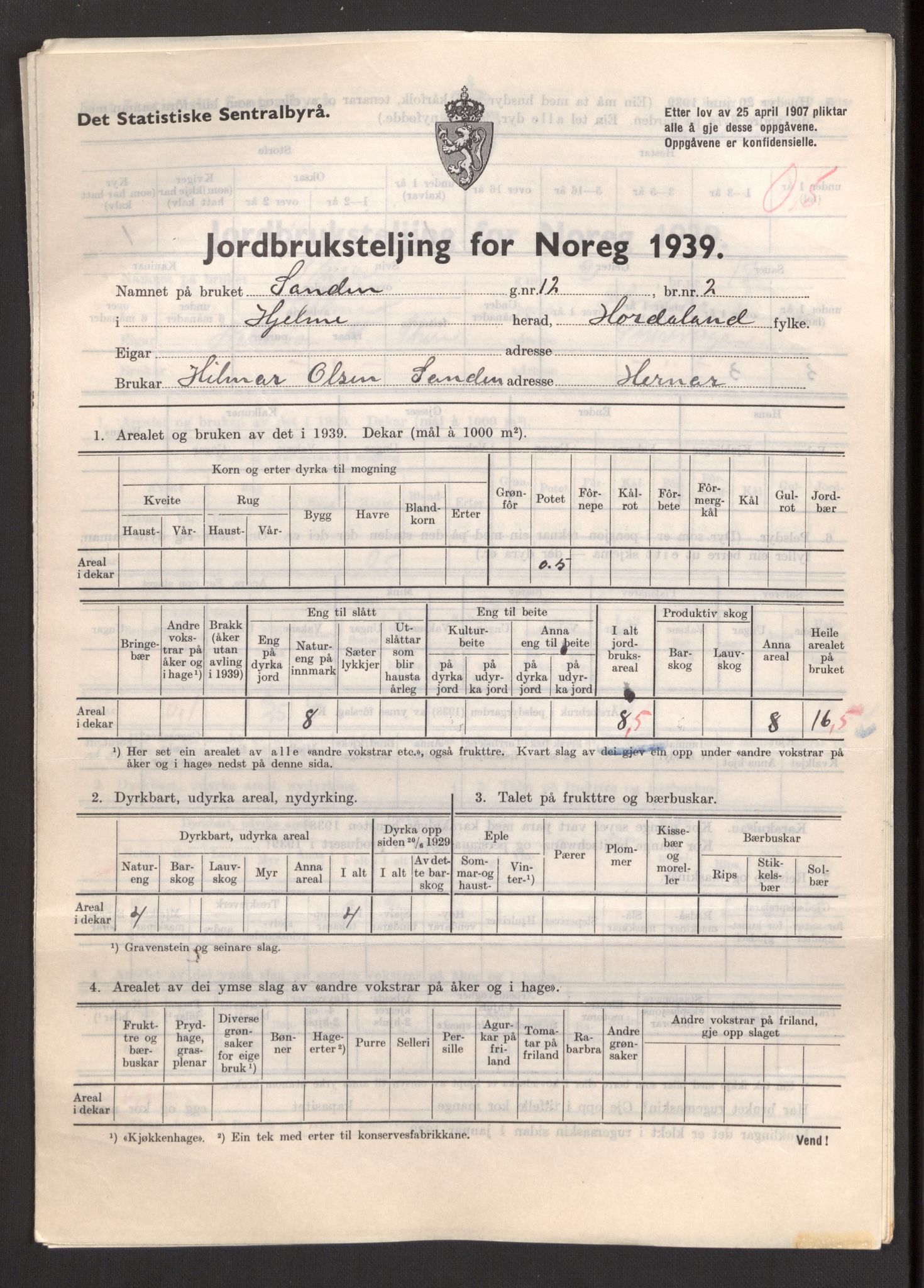 Statistisk sentralbyrå, Næringsøkonomiske emner, Jordbruk, skogbruk, jakt, fiske og fangst, AV/RA-S-2234/G/Gb/L0211: Hordaland: Herdla, Hjelme og Manger, 1939, p. 1199