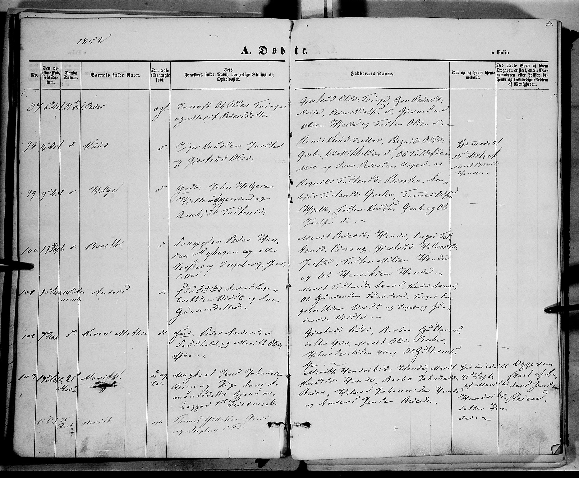 Vestre Slidre prestekontor, SAH/PREST-136/H/Ha/Haa/L0001: Parish register (official) no. 1, 1844-1855, p. 54