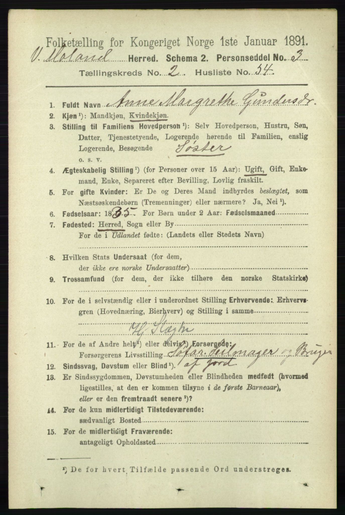 RA, 1891 census for 0926 Vestre Moland, 1891, p. 906