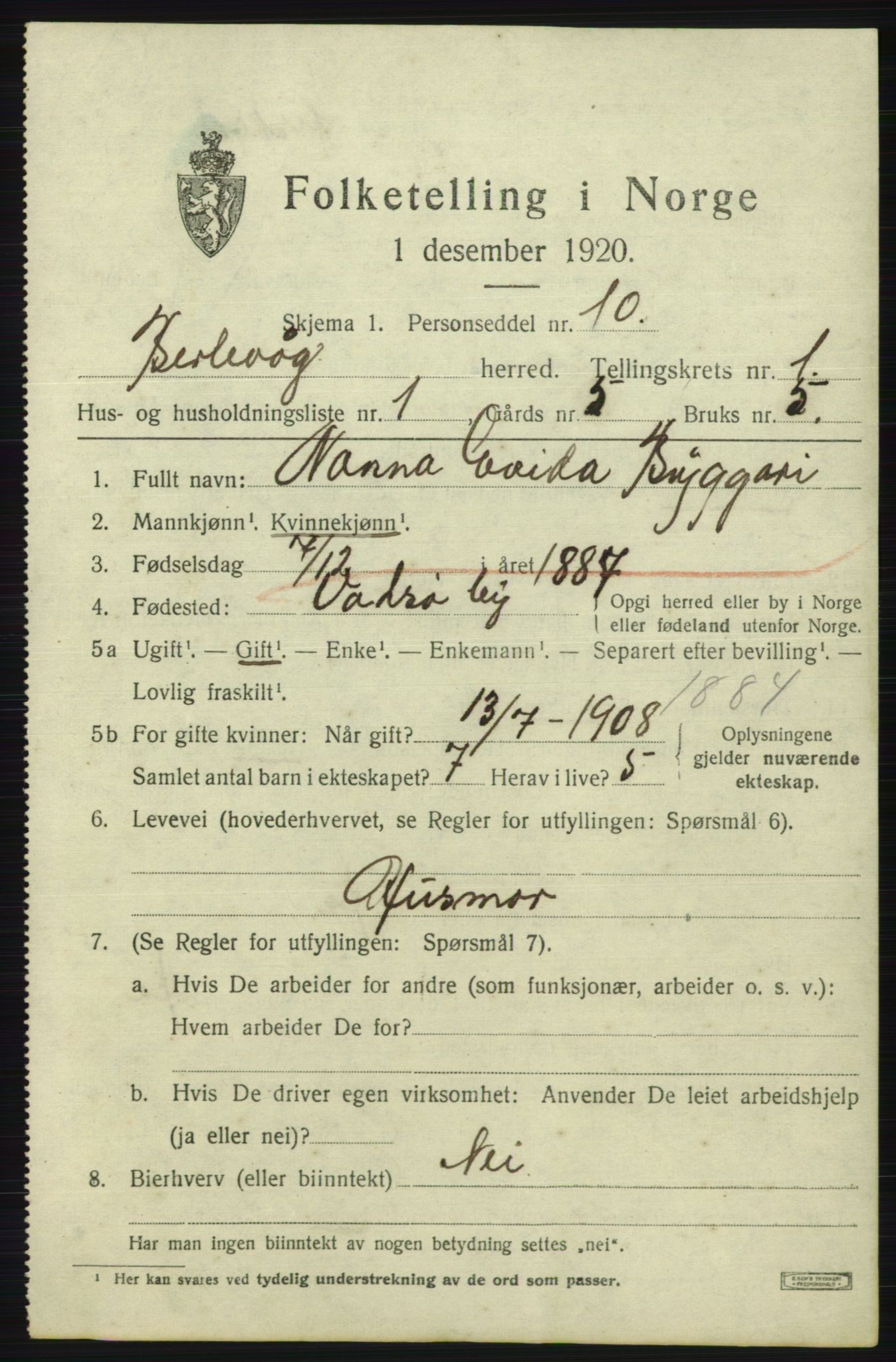 SATØ, 1920 census for Berlevåg, 1920, p. 423