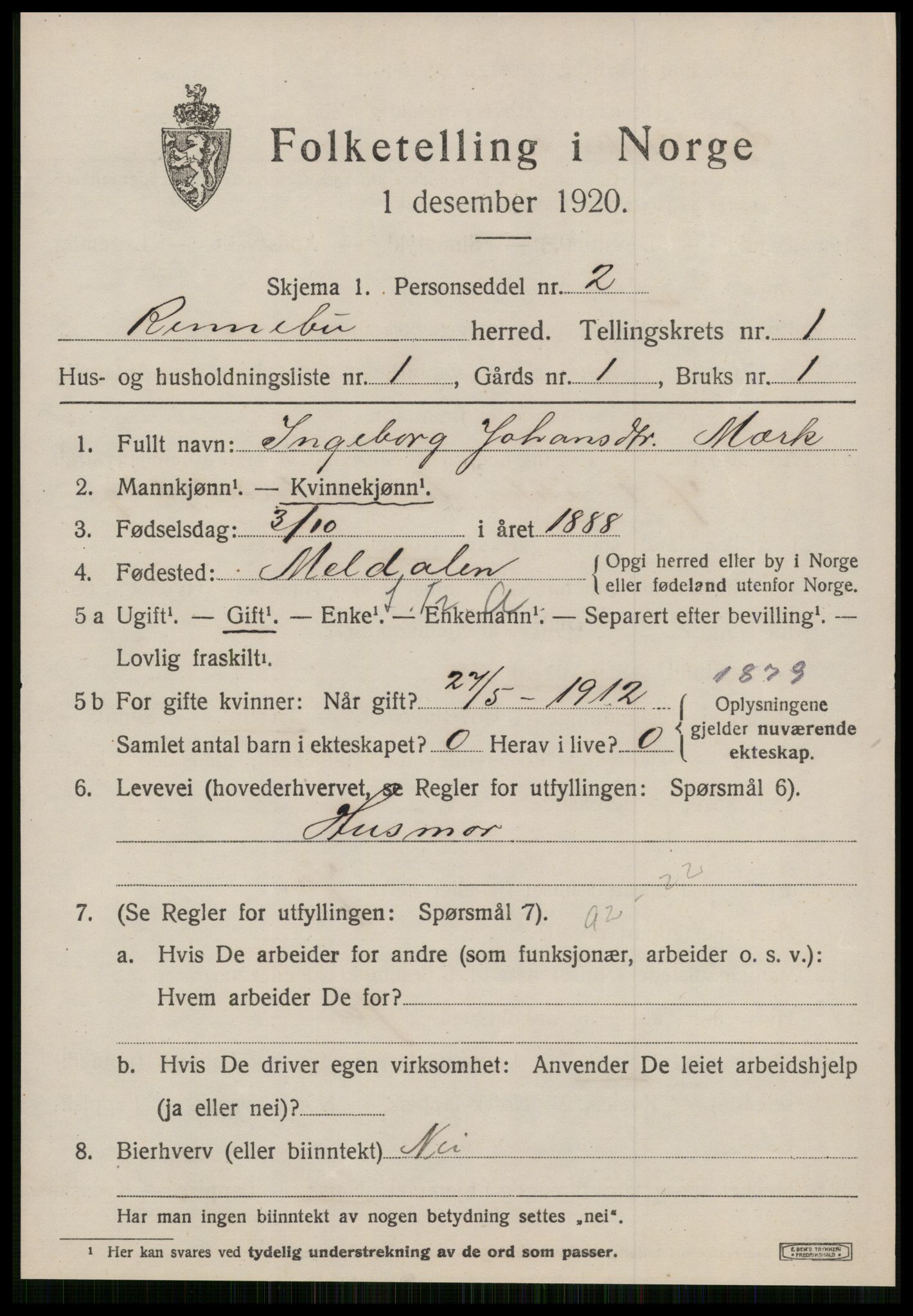 SAT, 1920 census for Rennebu, 1920, p. 1060