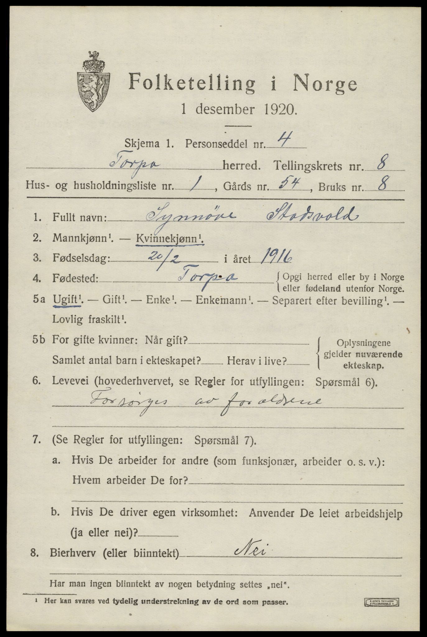 SAH, 1920 census for Torpa, 1920, p. 4627