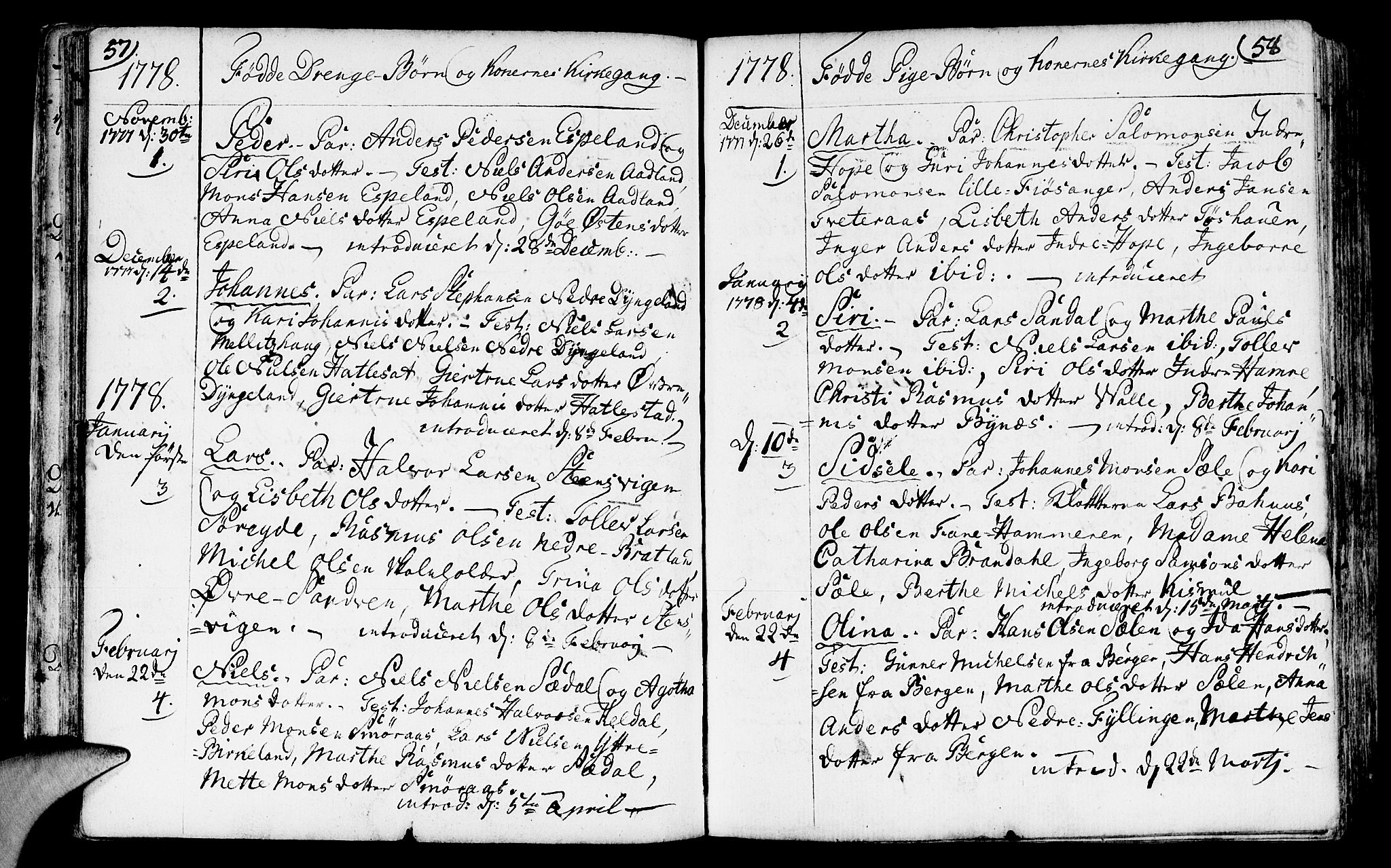 Fana Sokneprestembete, SAB/A-75101/H/Haa/Haaa/L0005: Parish register (official) no. A 5, 1773-1799, p. 57-58