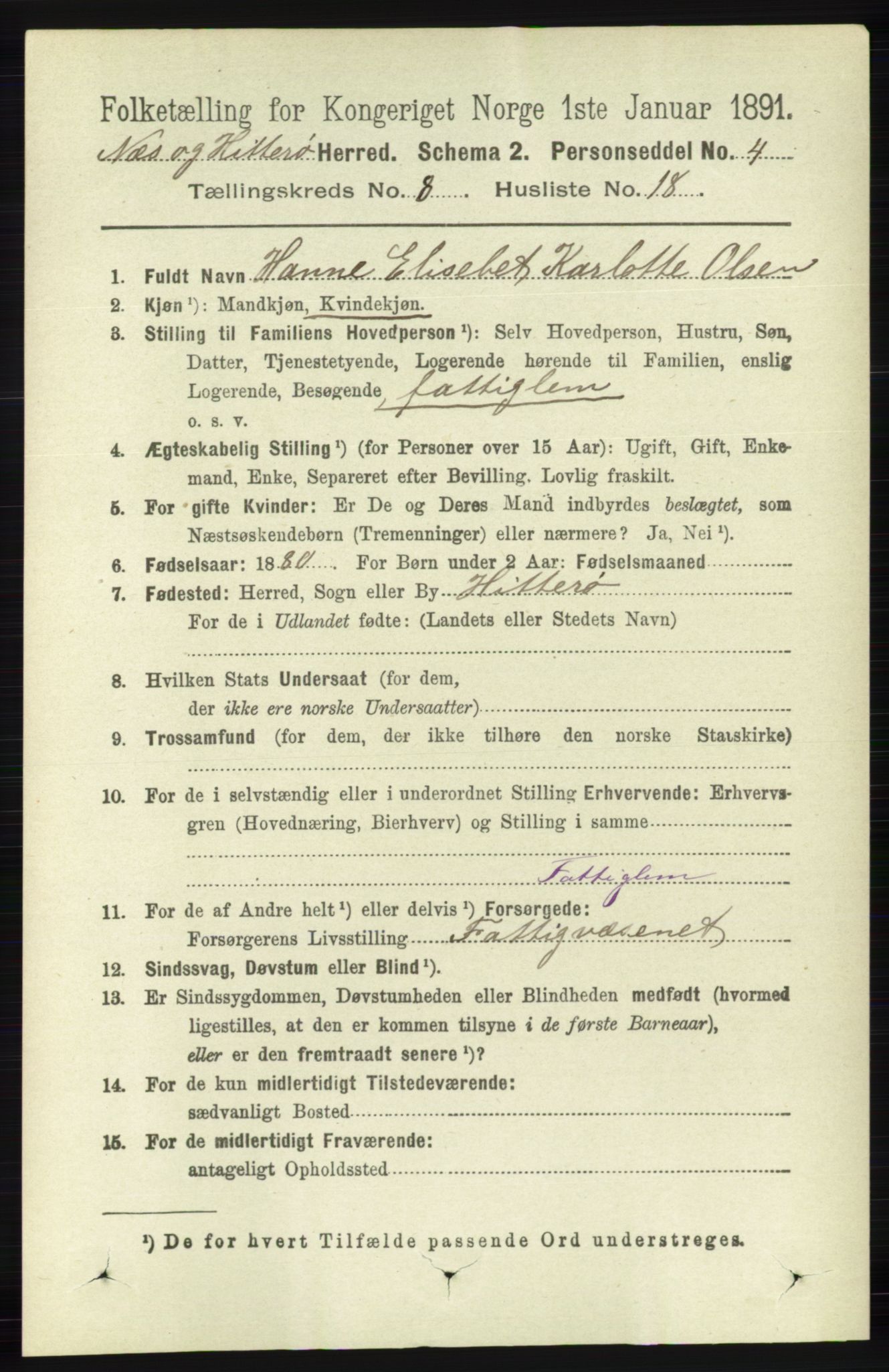 RA, 1891 census for 1043 Hidra og Nes, 1891, p. 3426