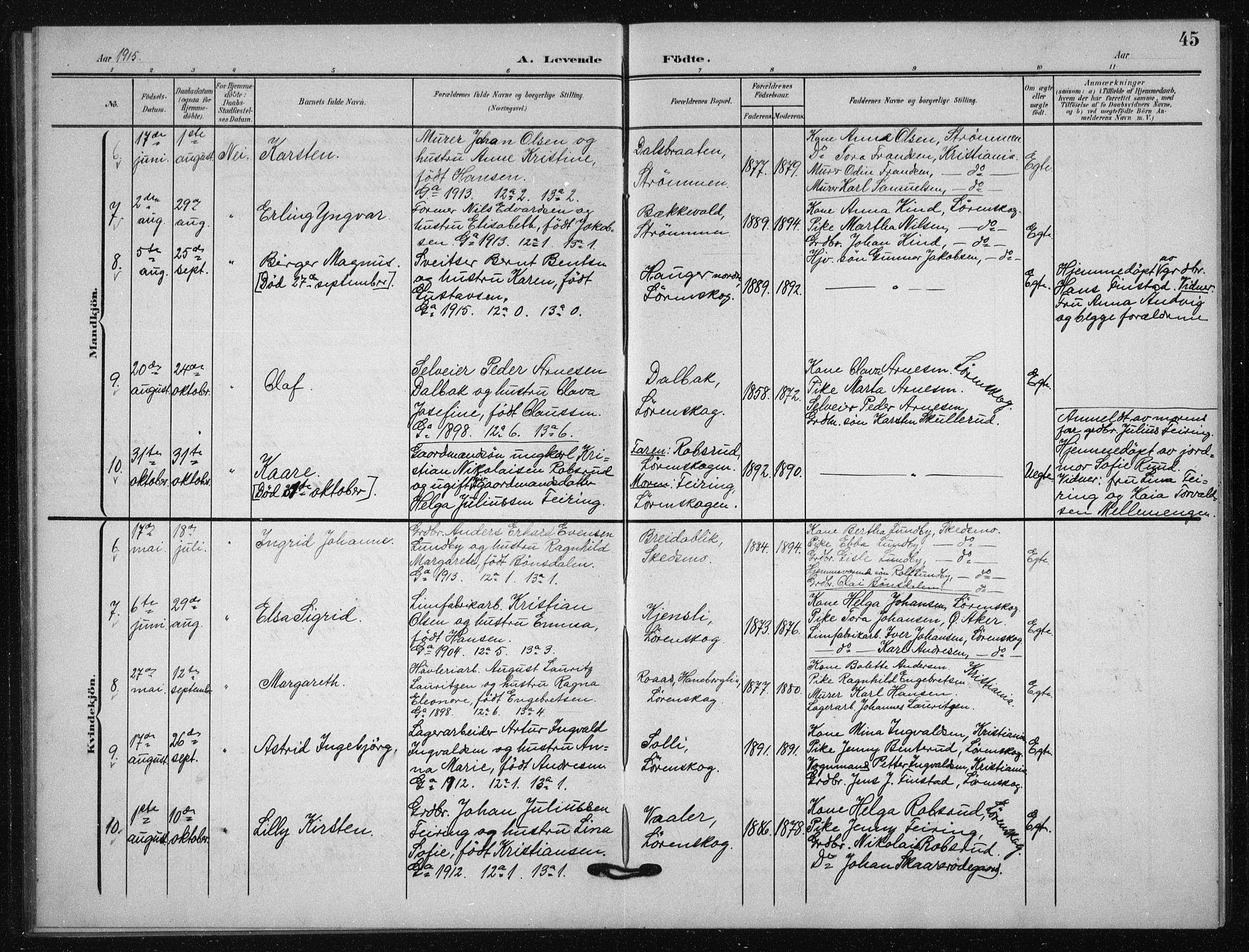 Skedsmo prestekontor Kirkebøker, AV/SAO-A-10033a/G/Gb/L0002: Parish register (copy) no. II 2, 1903-1931, p. 45