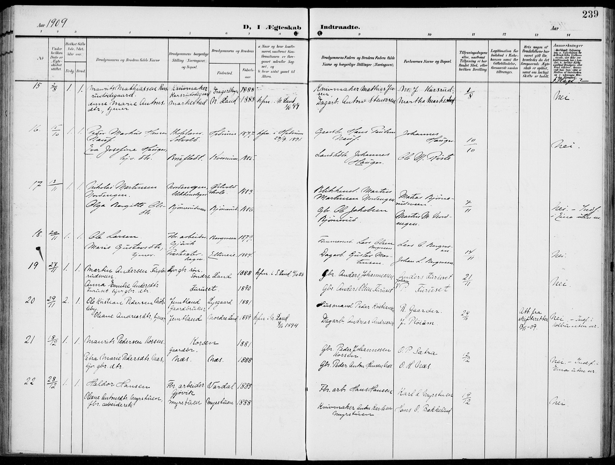 Vestre Toten prestekontor, AV/SAH-PREST-108/H/Ha/Haa/L0014: Parish register (official) no. 14, 1907-1920, p. 239