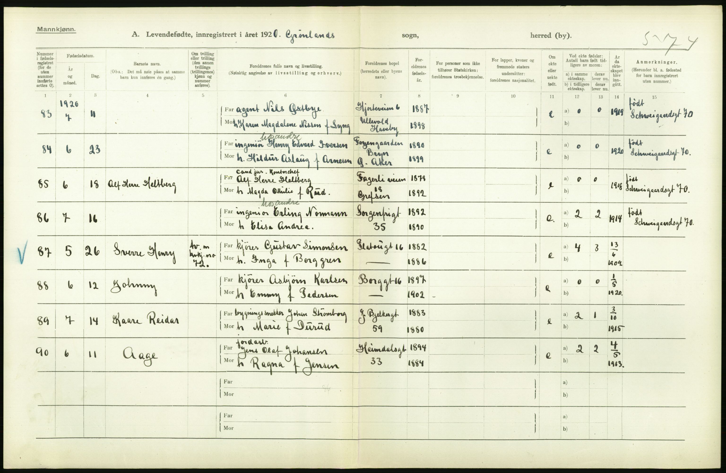 Statistisk sentralbyrå, Sosiodemografiske emner, Befolkning, AV/RA-S-2228/D/Df/Dfb/Dfbj/L0008: Kristiania: Levendefødte menn og kvinner., 1920, p. 132