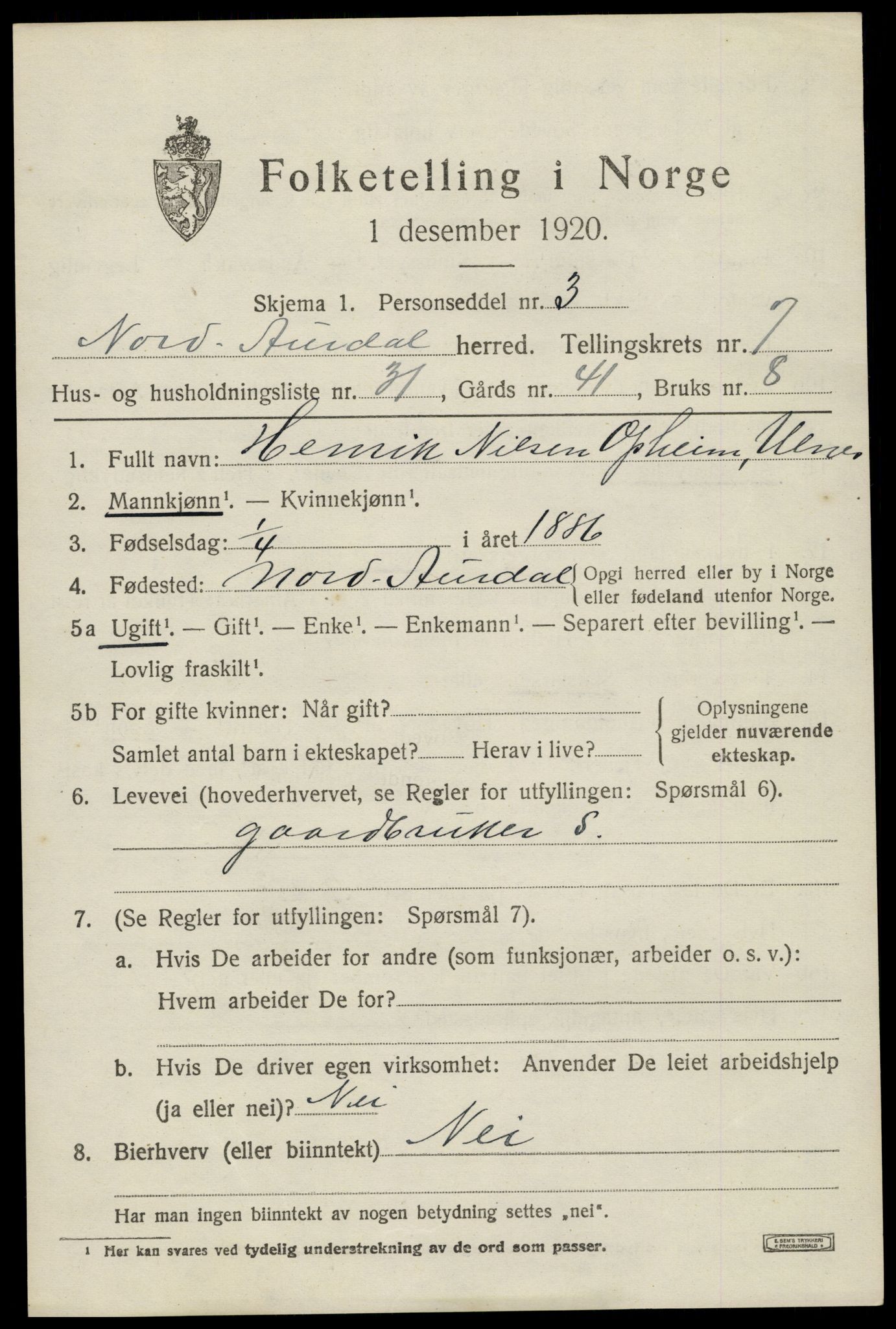 SAH, 1920 census for Nord-Aurdal, 1920, p. 6340