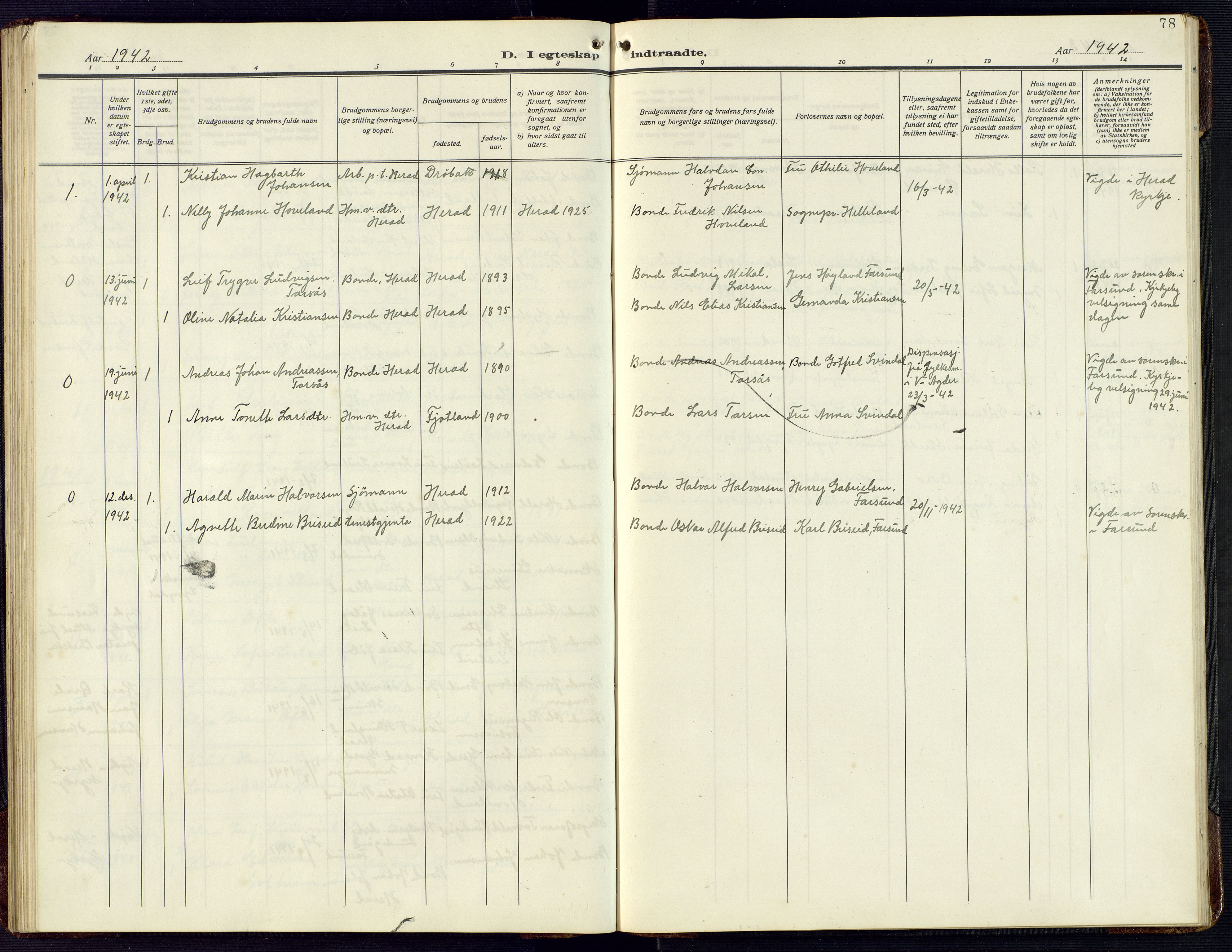 Herad sokneprestkontor, AV/SAK-1111-0018/F/Fb/Fba/L0006: Parish register (copy) no. B 6, 1921-1959, p. 78