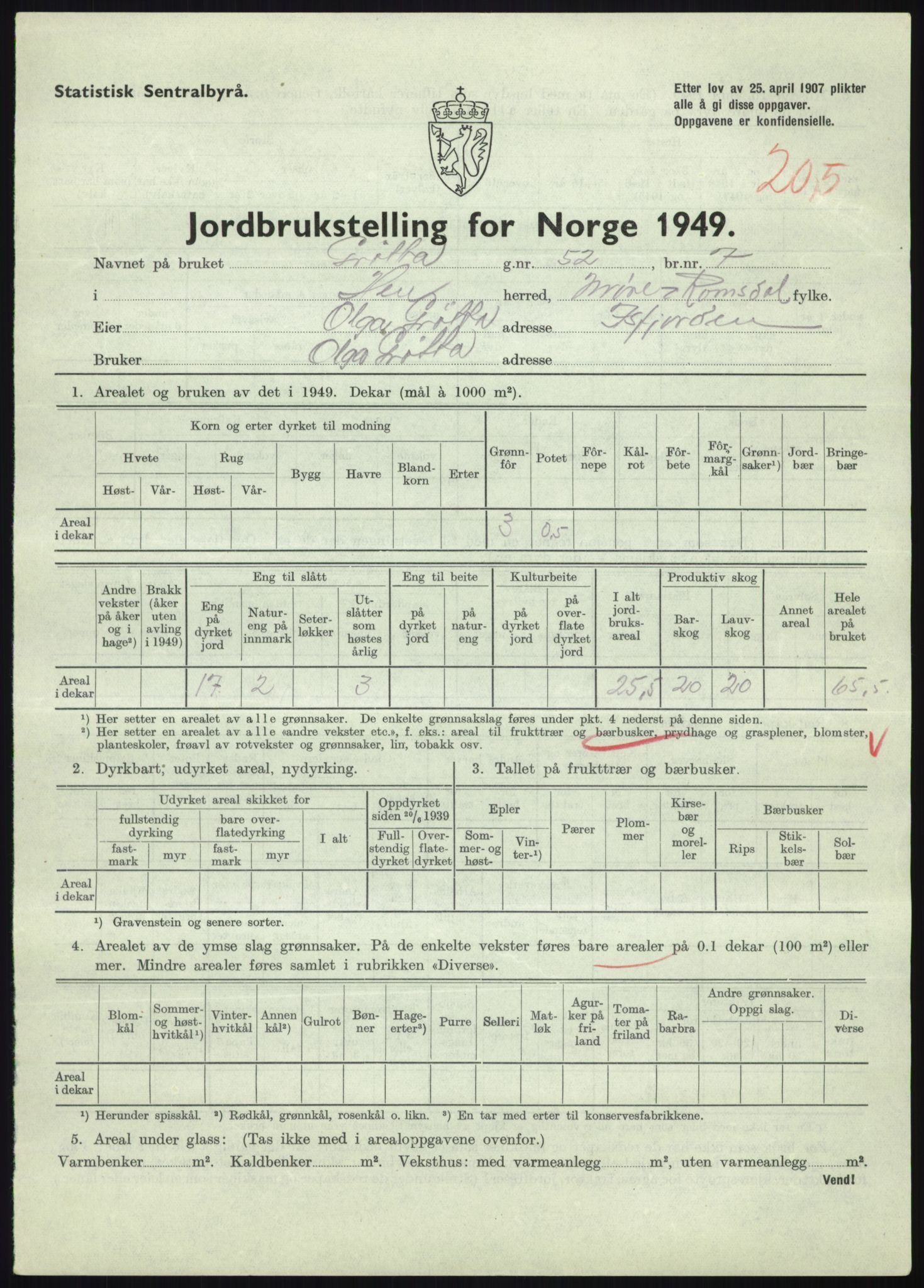 Statistisk sentralbyrå, Næringsøkonomiske emner, Jordbruk, skogbruk, jakt, fiske og fangst, AV/RA-S-2234/G/Gc/L0323: Møre og Romsdal: Grytten og Hen, 1949, p. 659