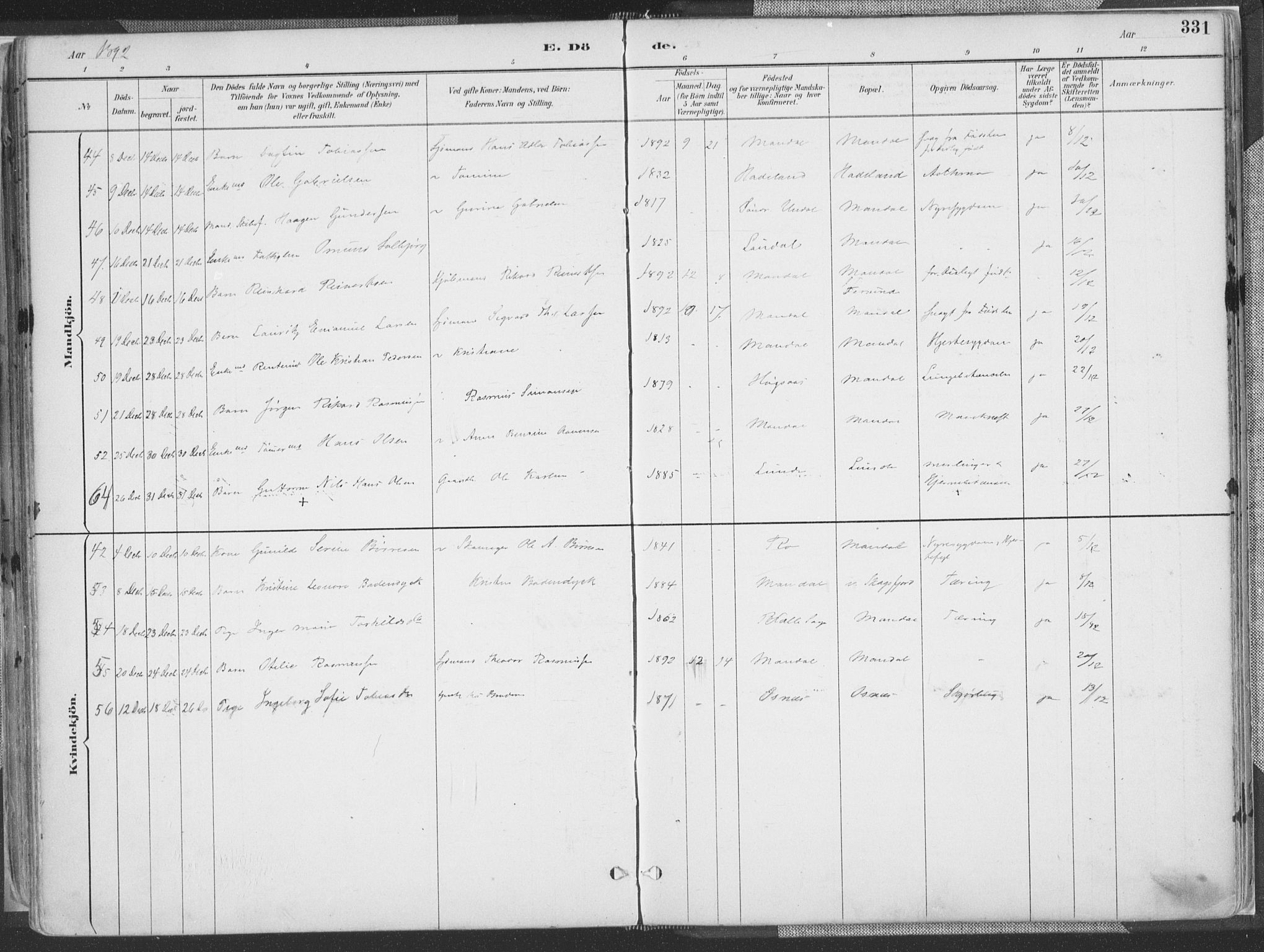 Mandal sokneprestkontor, AV/SAK-1111-0030/F/Fa/Faa/L0018: Parish register (official) no. A 18, 1890-1905, p. 331