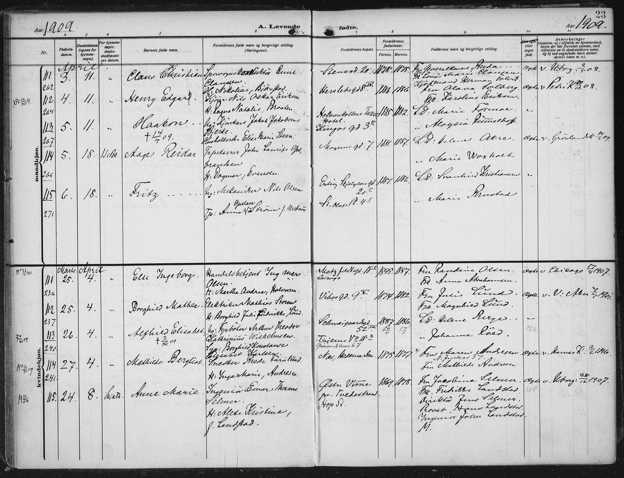 Rikshospitalet prestekontor Kirkebøker, AV/SAO-A-10309b/F/L0014: Parish register (official) no. 14, 1909-1912, p. 23