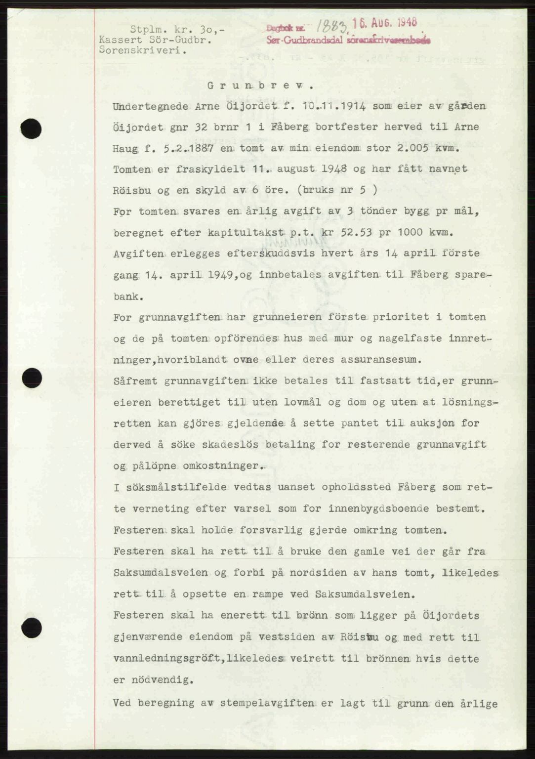 Sør-Gudbrandsdal tingrett, SAH/TING-004/H/Hb/Hbd/L0022: Mortgage book no. A22, 1948-1948, Diary no: : 1883/1948
