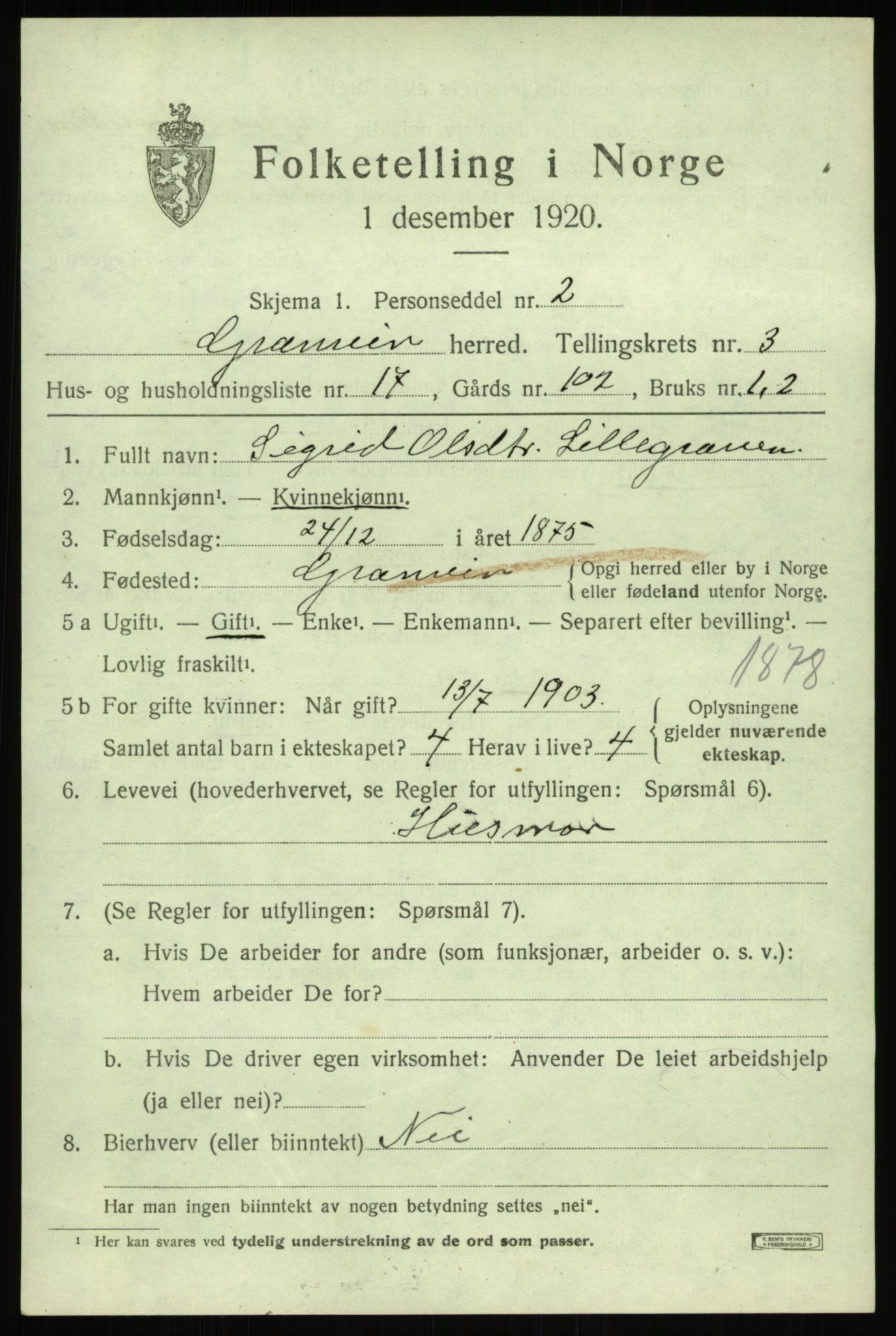 SAB, 1920 census for Granvin, 1920, p. 1316