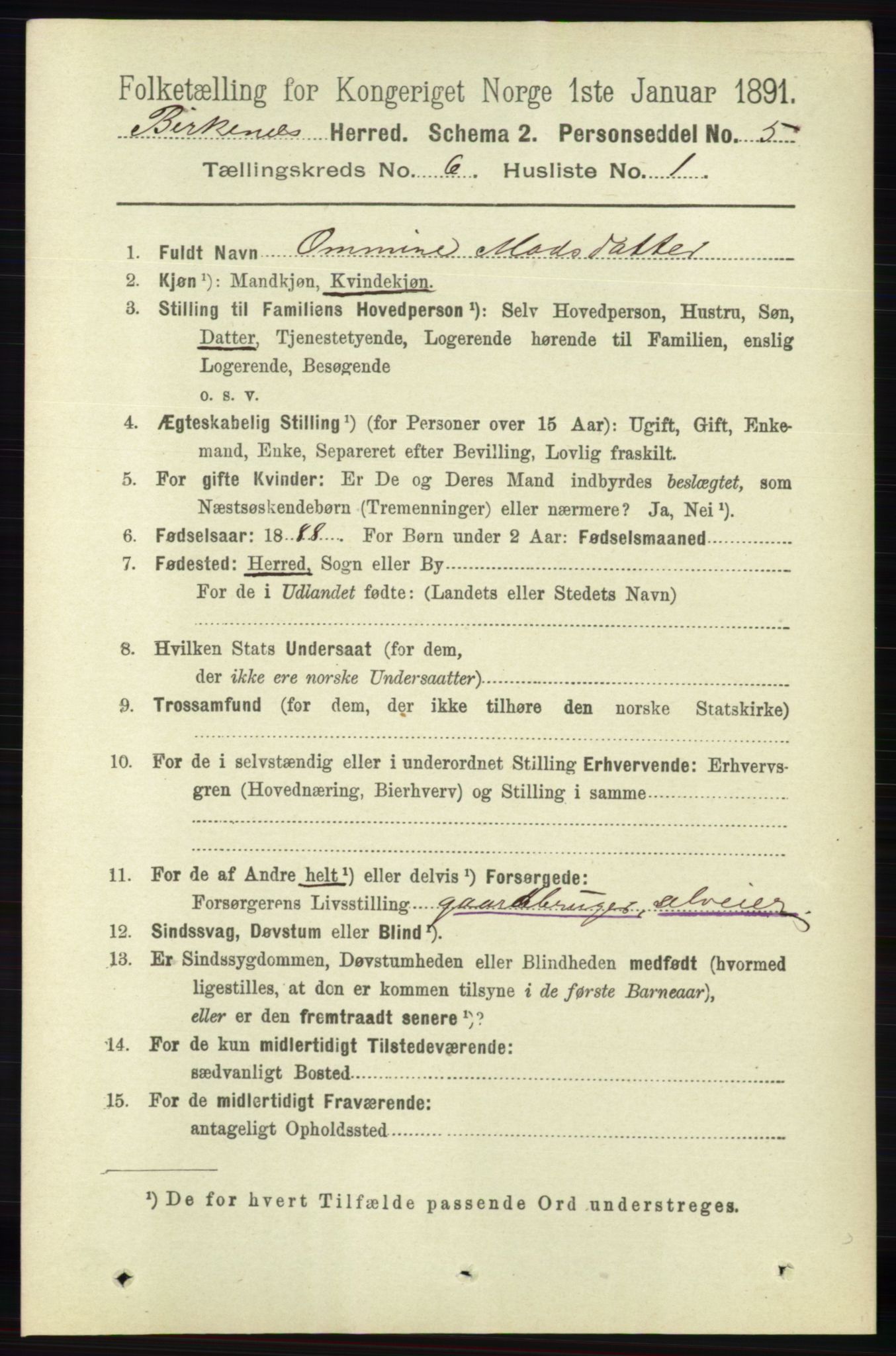 RA, 1891 Census for 0928 Birkenes, 1891, p. 1799