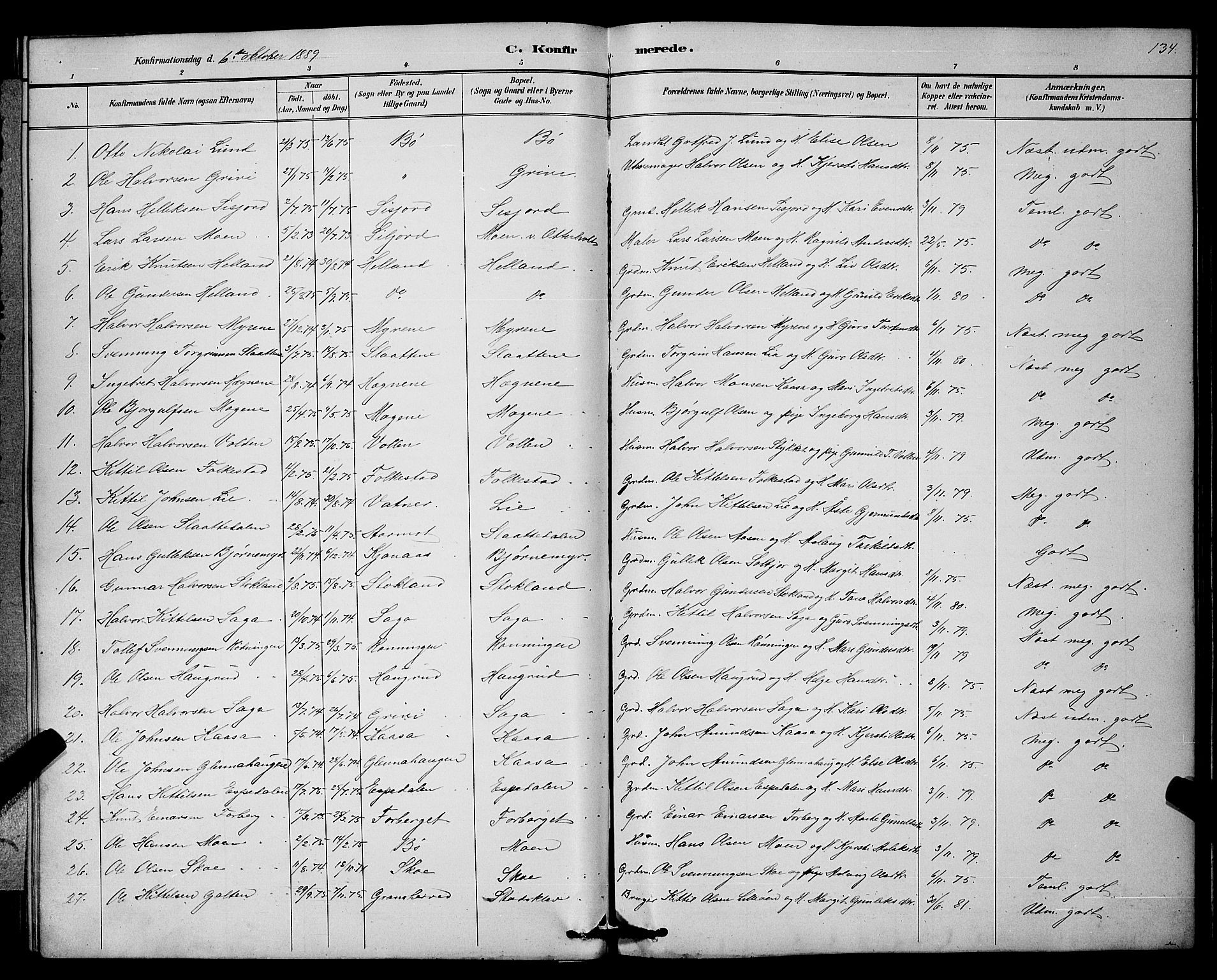 Bø kirkebøker, SAKO/A-257/G/Ga/L0005: Parish register (copy) no. 5, 1883-1897, p. 134