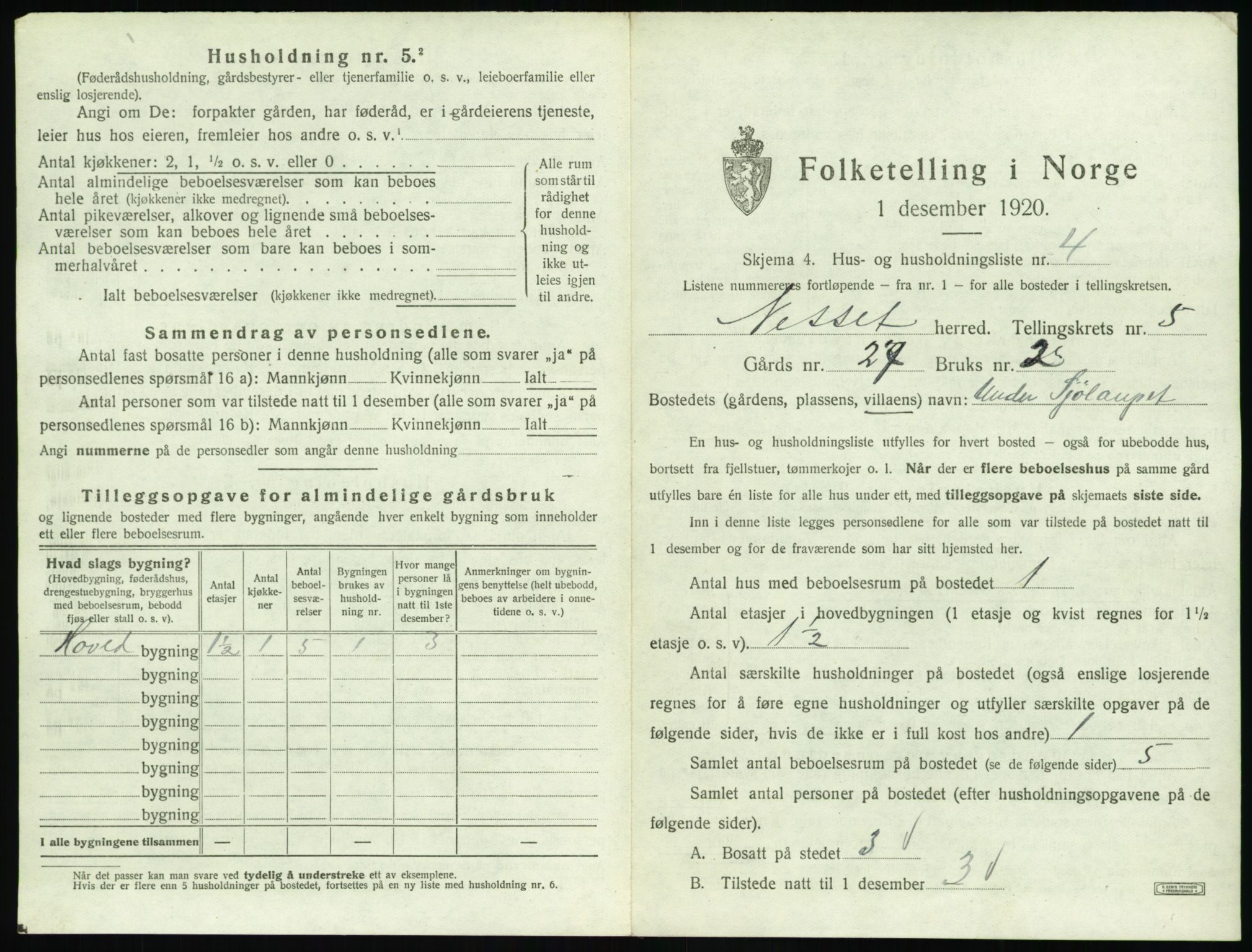 SAT, 1920 census for Nesset, 1920, p. 320