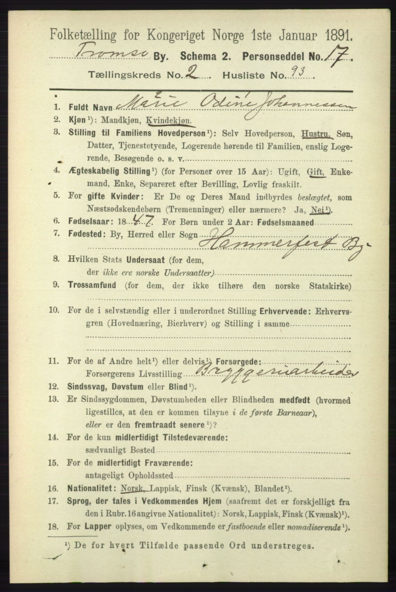 RA, 1891 census for 1902 Tromsø, 1891, p. 2825