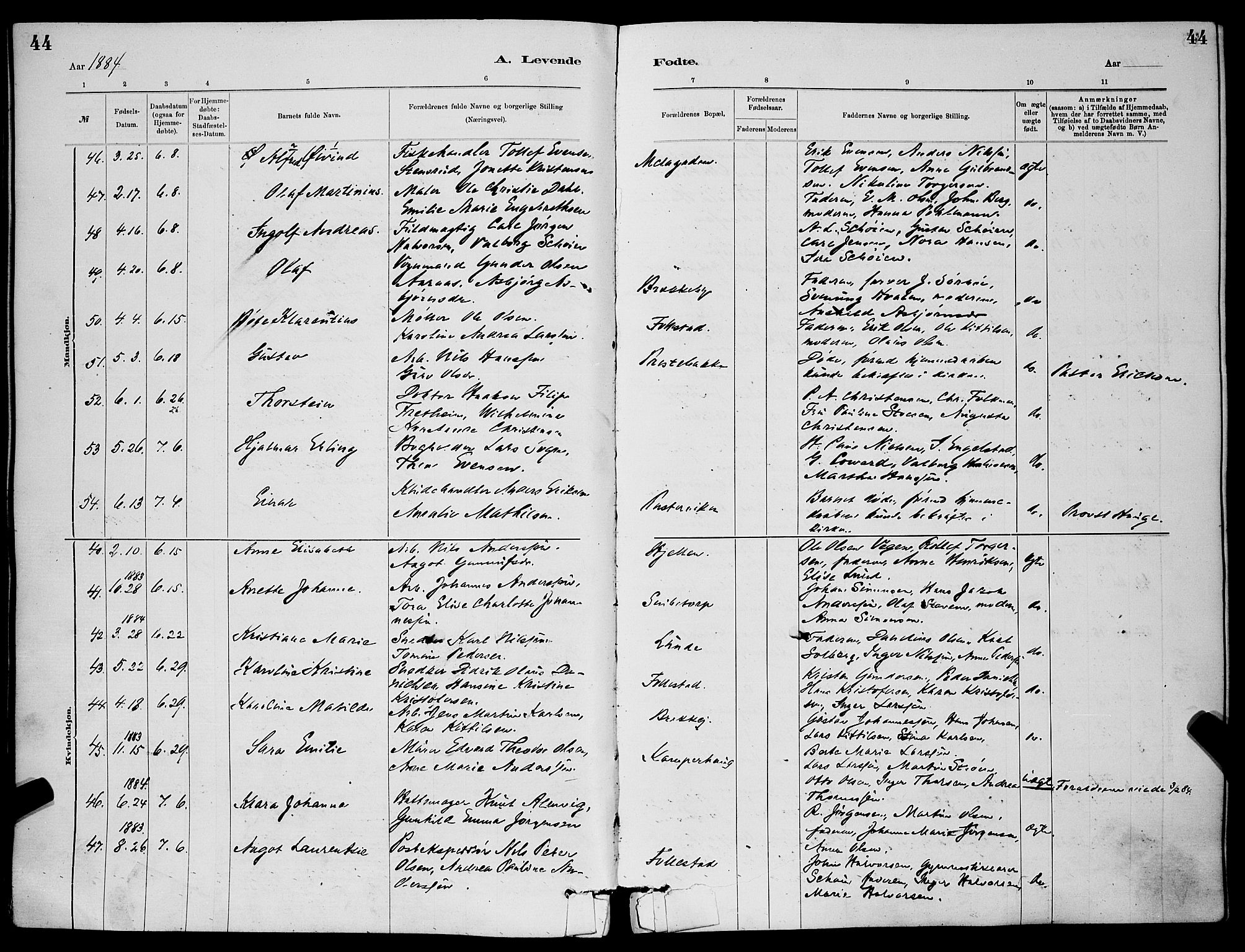 Skien kirkebøker, AV/SAKO-A-302/G/Ga/L0006: Parish register (copy) no. 6, 1881-1890, p. 44