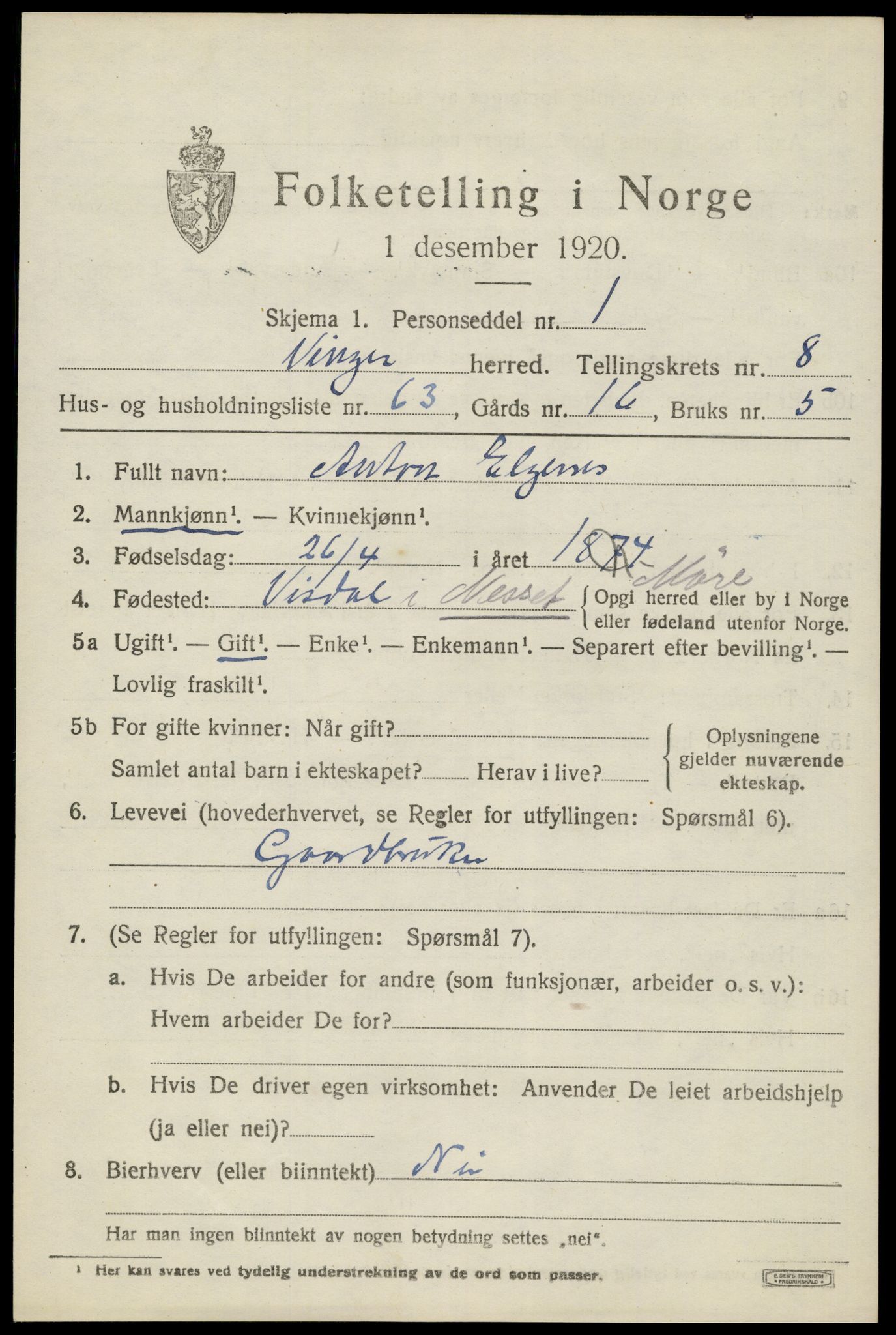 SAH, 1920 census for Vinger, 1920, p. 7720