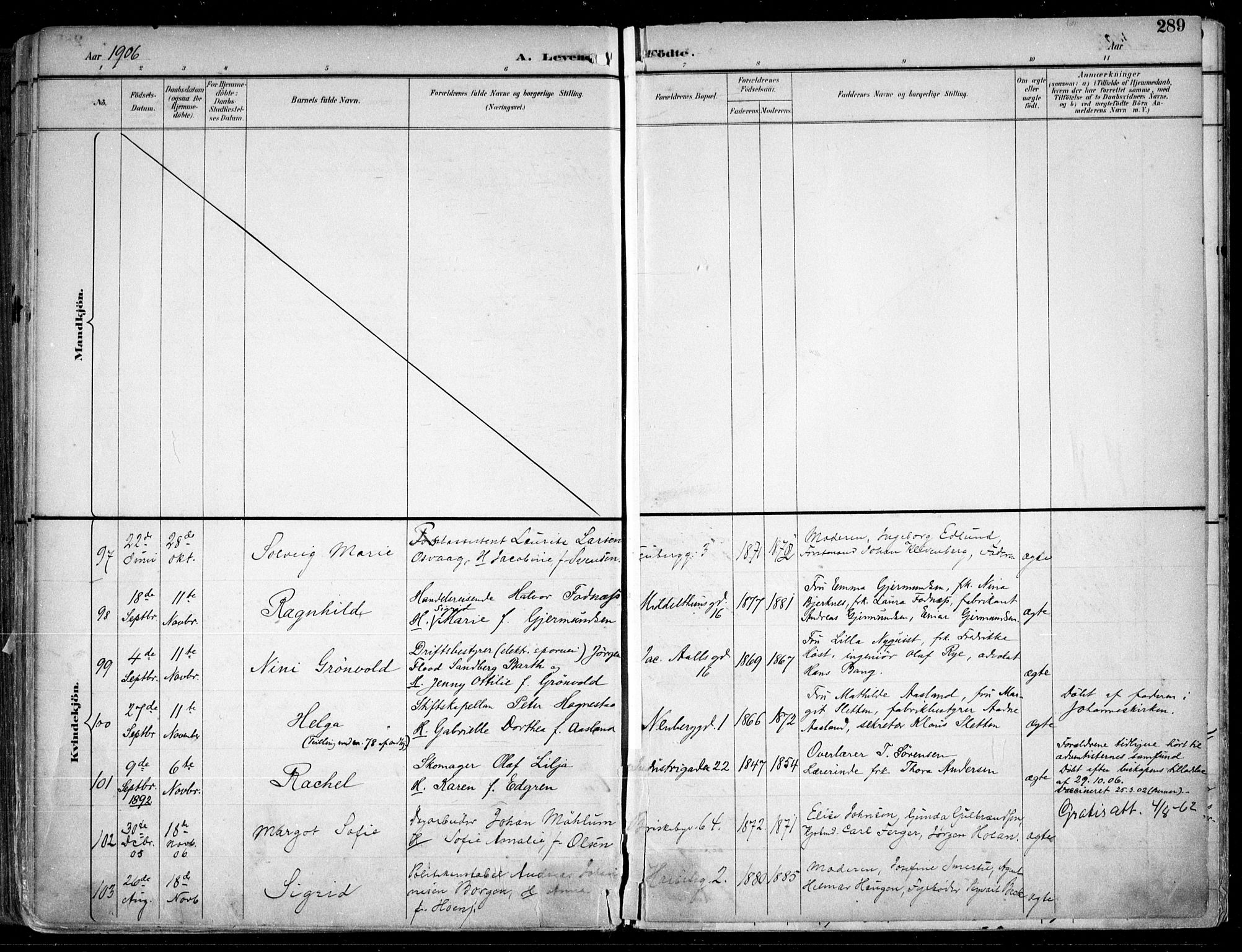 Uranienborg prestekontor Kirkebøker, AV/SAO-A-10877/F/Fa/L0005: Parish register (official) no. 5, 1895-1907, p. 289