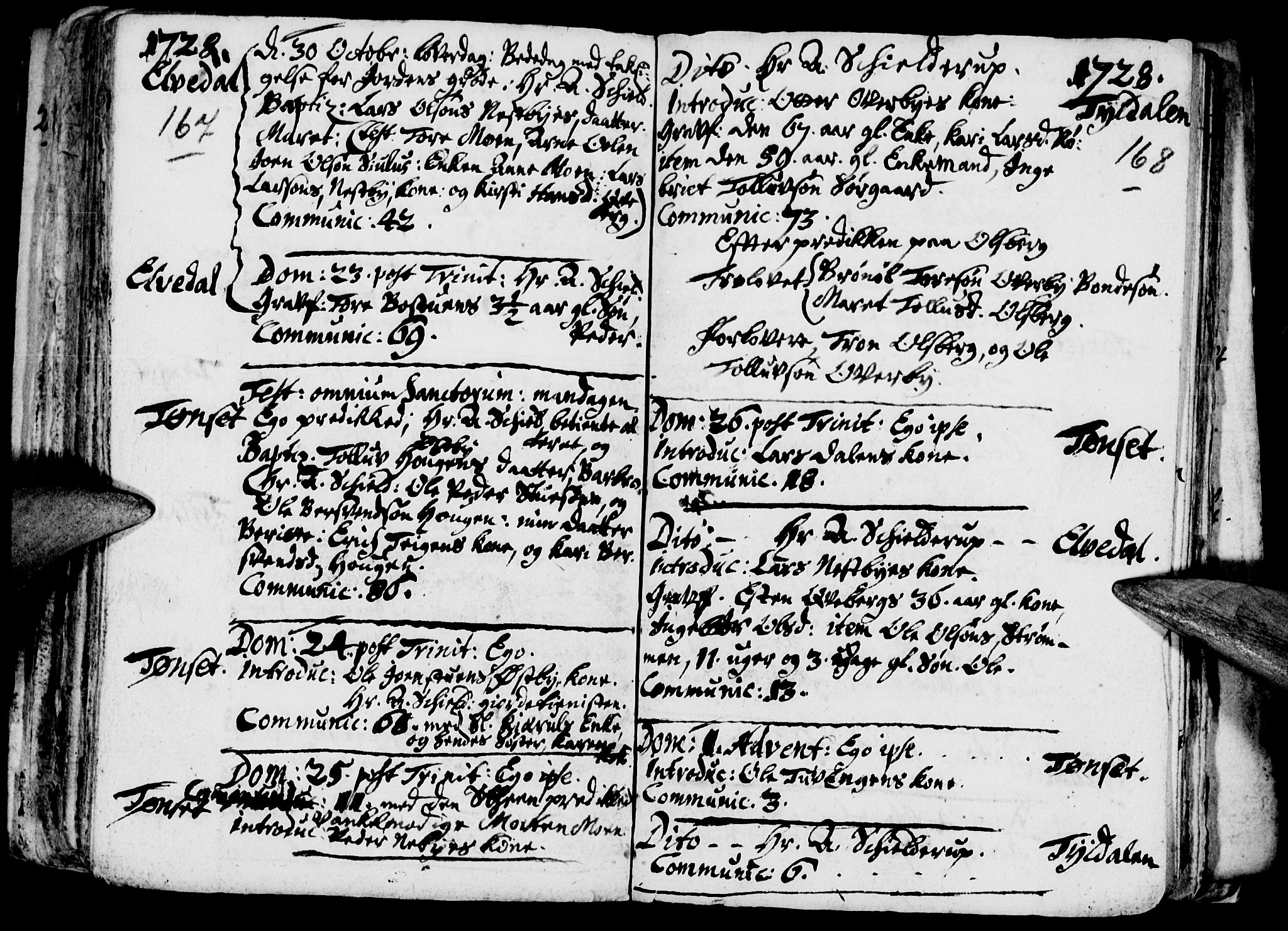 Tynset prestekontor, SAH/PREST-058/H/Ha/Haa/L0001: Parish register (official) no. 1, 1722-1732, p. 167-168
