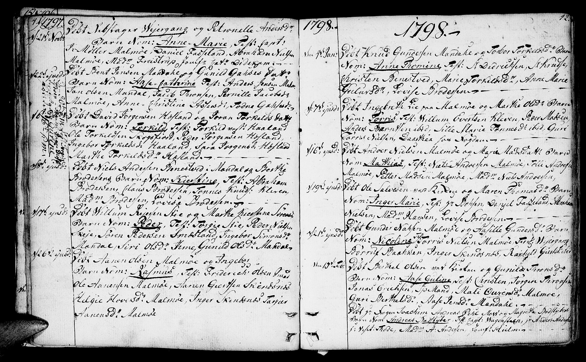 Mandal sokneprestkontor, AV/SAK-1111-0030/F/Fa/Faa/L0008: Parish register (official) no. A 8, 1794-1817, p. 41-42