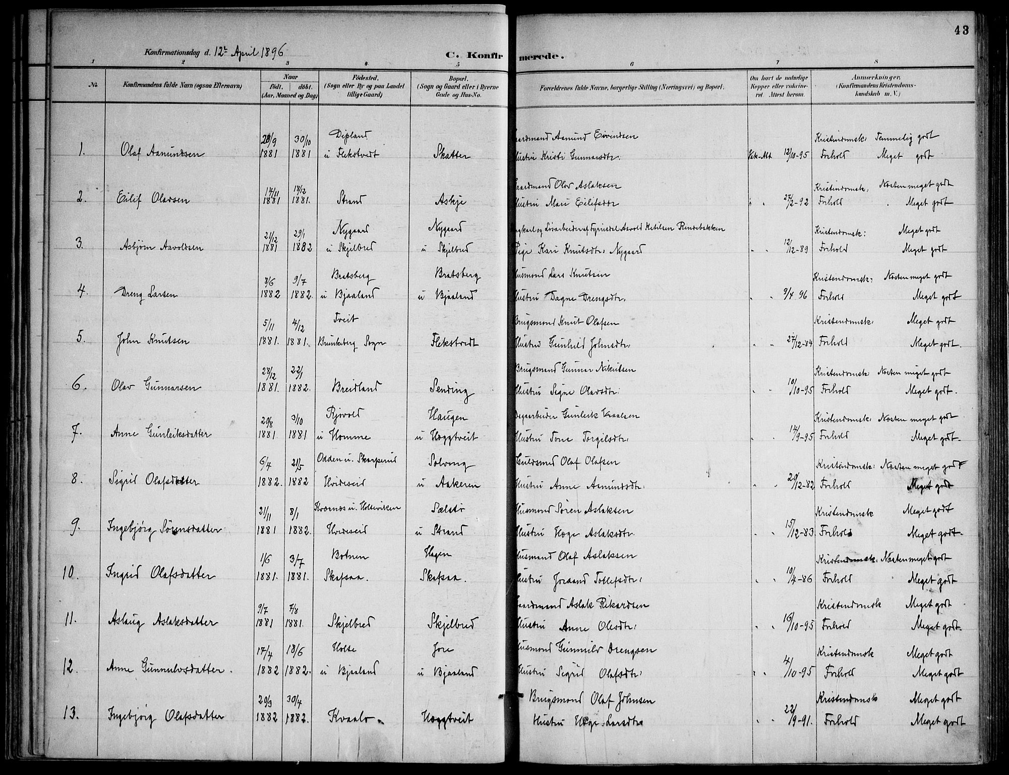 Lårdal kirkebøker, SAKO/A-284/F/Fa/L0007: Parish register (official) no. I 7, 1887-1906, p. 43