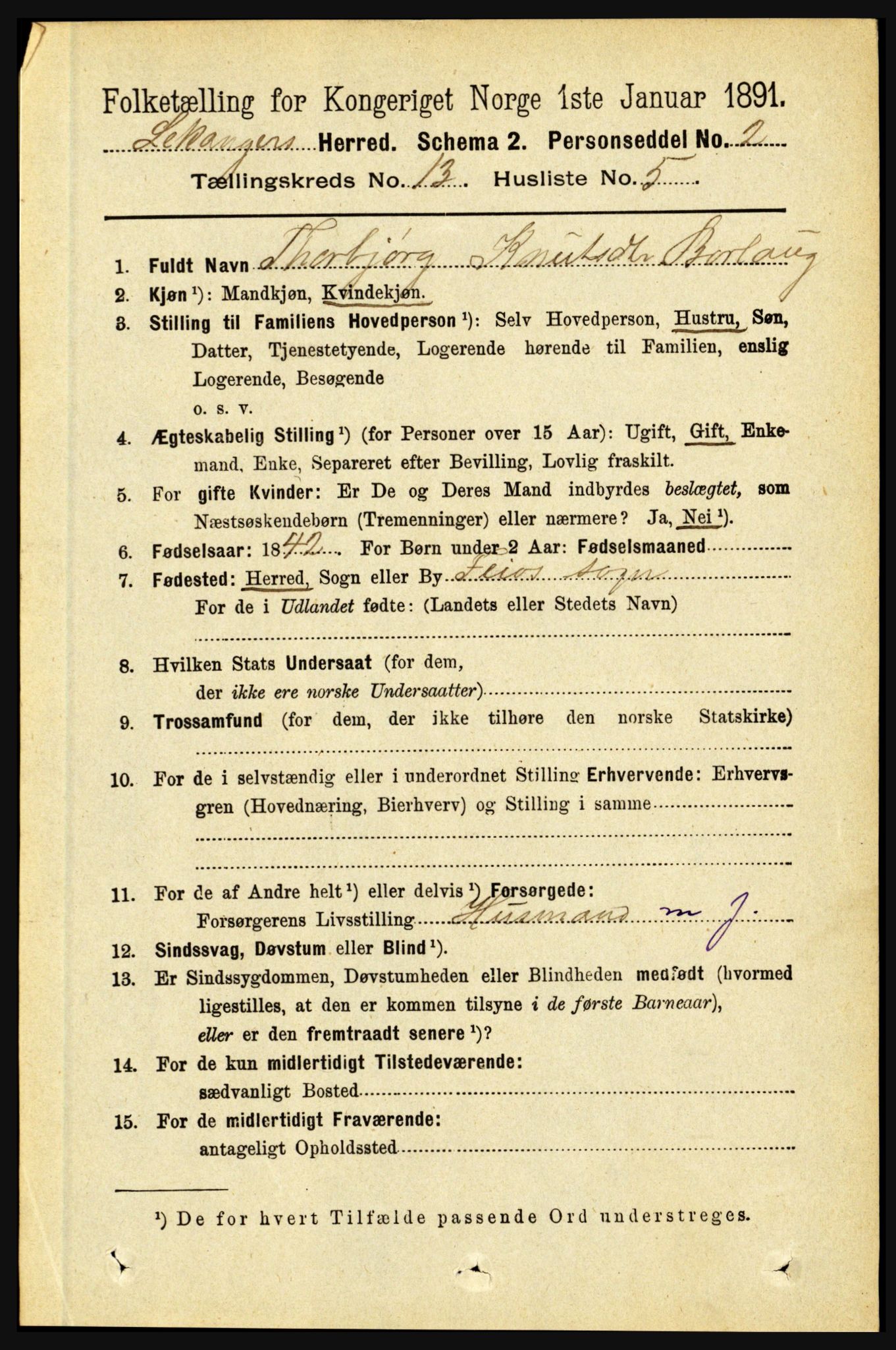 RA, 1891 census for 1419 Leikanger, 1891, p. 2482