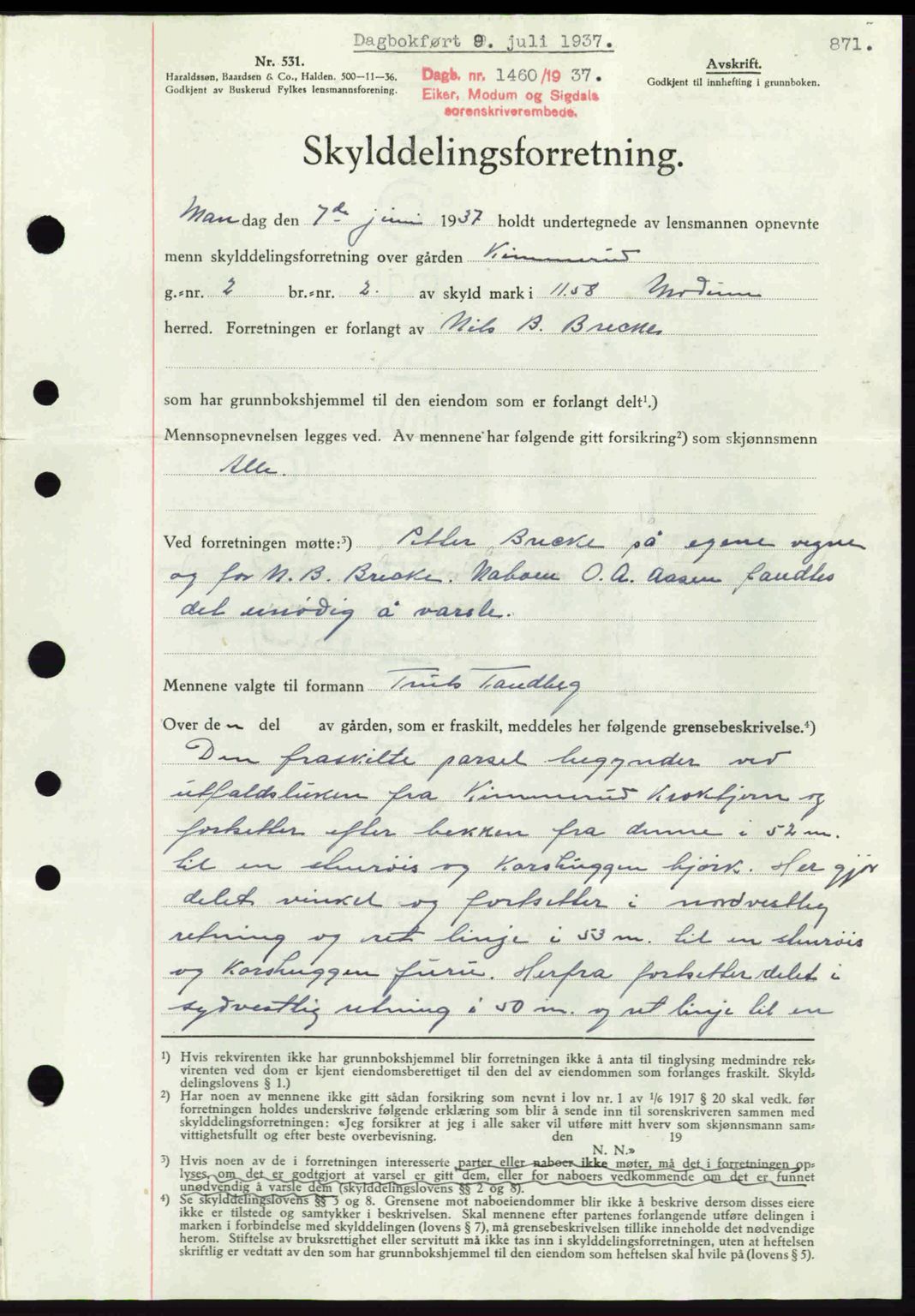 Eiker, Modum og Sigdal sorenskriveri, AV/SAKO-A-123/G/Ga/Gab/L0035: Mortgage book no. A5, 1937-1937, Diary no: : 1460/1937