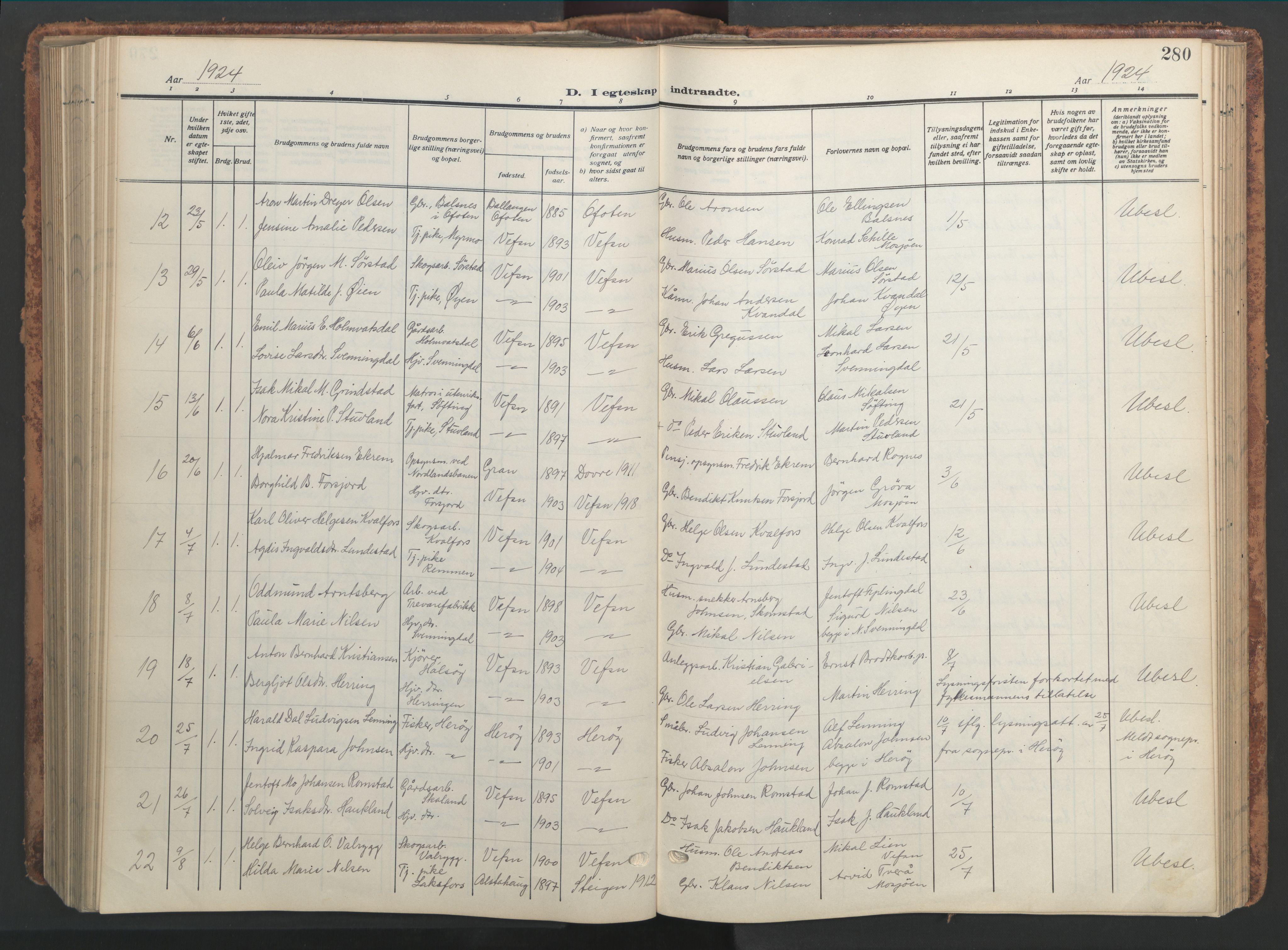 Ministerialprotokoller, klokkerbøker og fødselsregistre - Nordland, AV/SAT-A-1459/820/L0302: Parish register (copy) no. 820C04, 1917-1948, p. 280