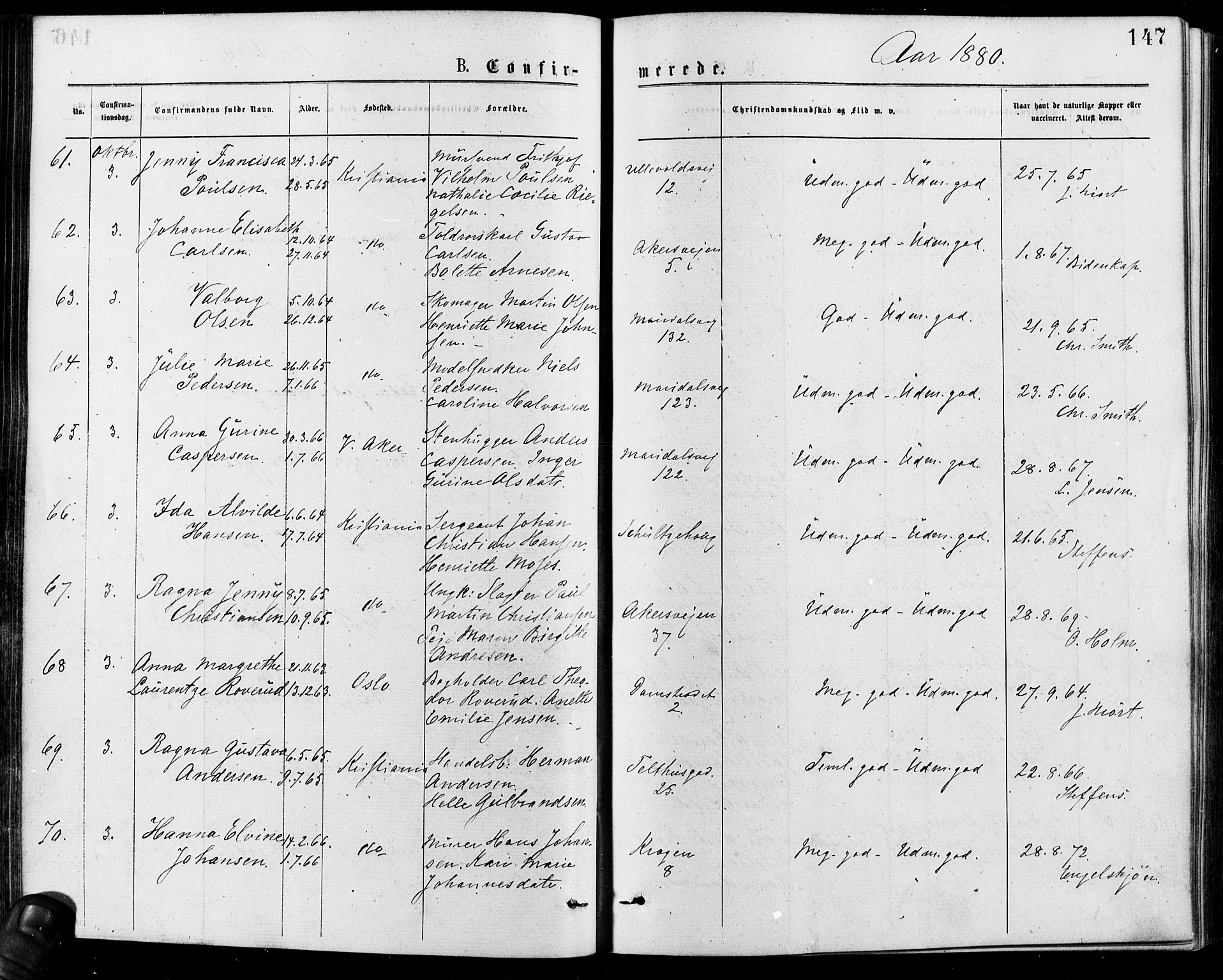 Gamle Aker prestekontor Kirkebøker, AV/SAO-A-10617a/F/L0005: Parish register (official) no. 5, 1873-1881, p. 147