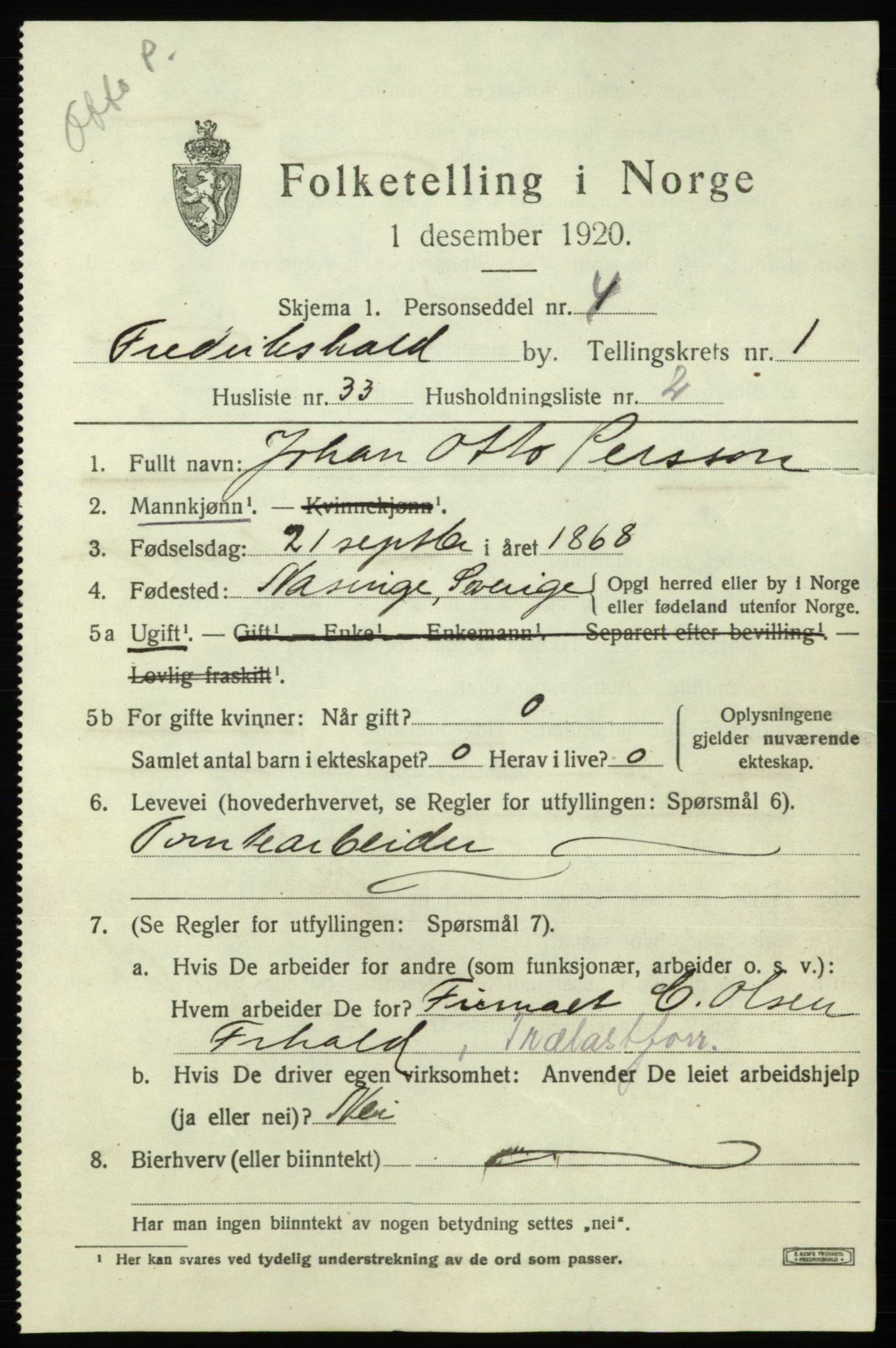 SAO, 1920 census for Fredrikshald, 1920, p. 8676