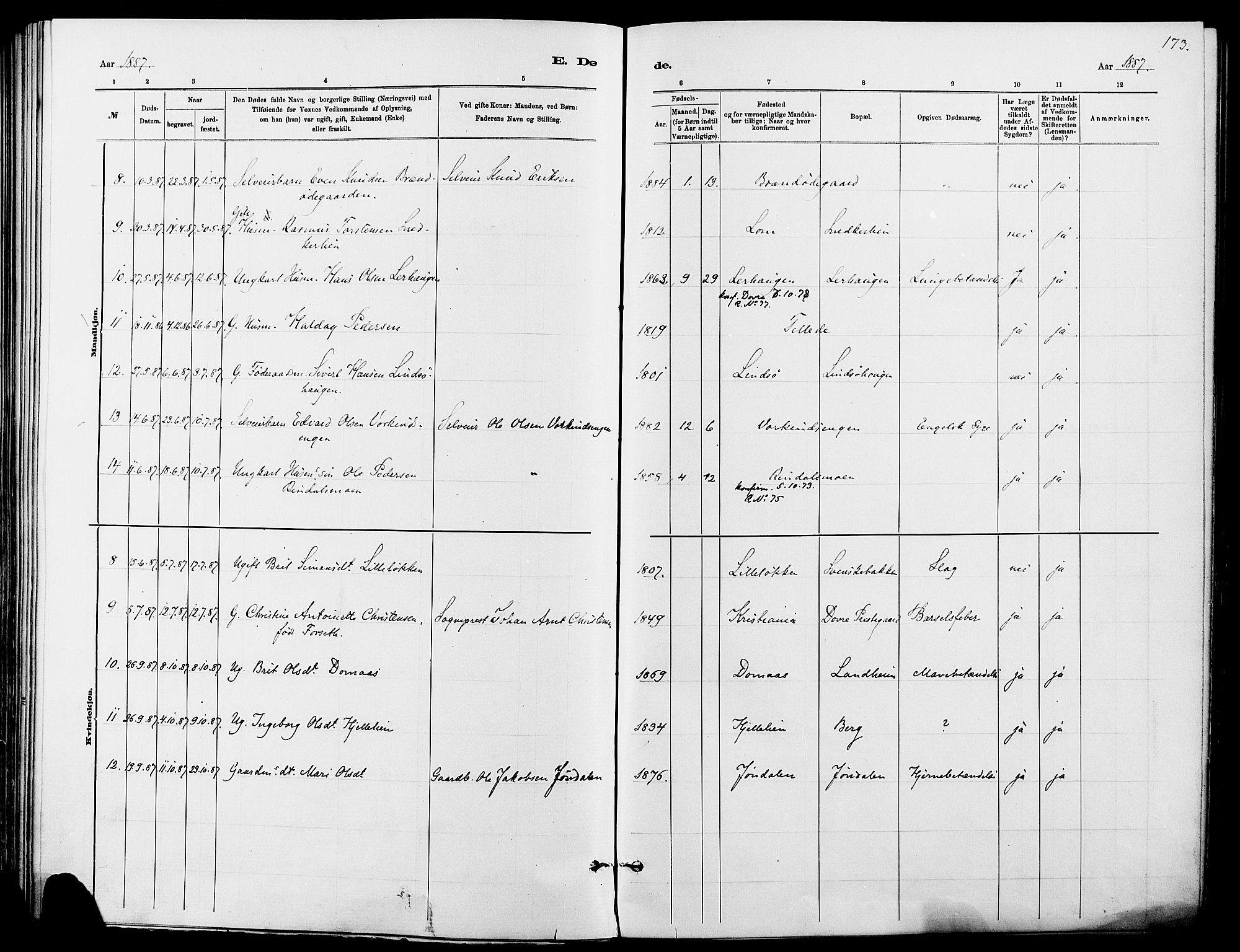 Dovre prestekontor, SAH/PREST-066/H/Ha/Haa/L0002: Parish register (official) no. 2, 1879-1890, p. 173
