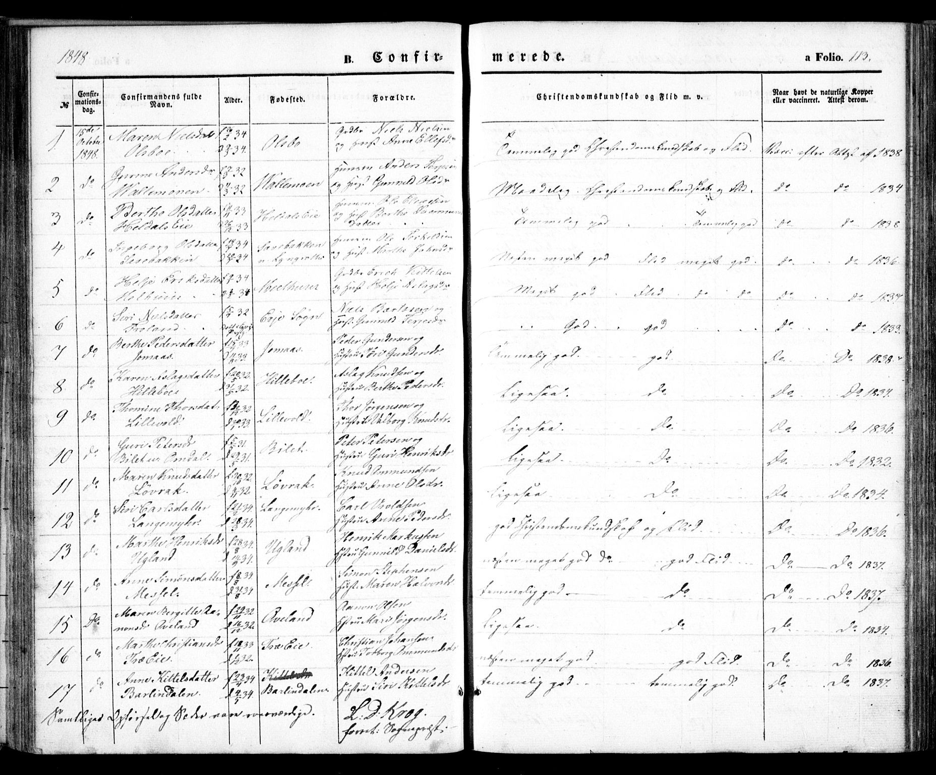 Froland sokneprestkontor, AV/SAK-1111-0013/F/Fa/L0002: Parish register (official) no. A 2, 1845-1863, p. 113