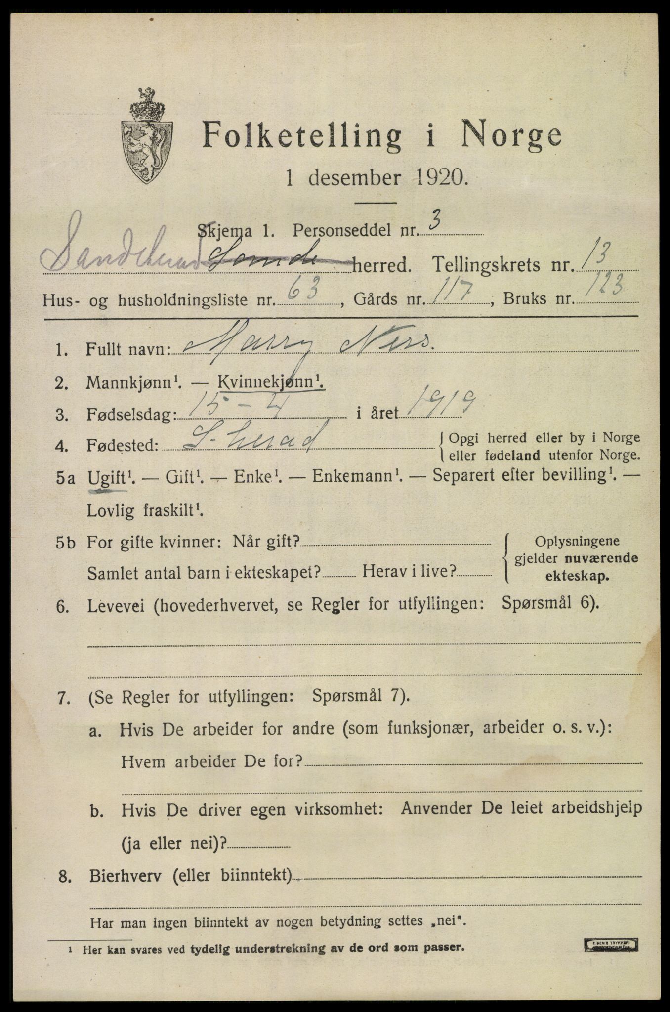 SAKO, 1920 census for Sandeherred, 1920, p. 20162