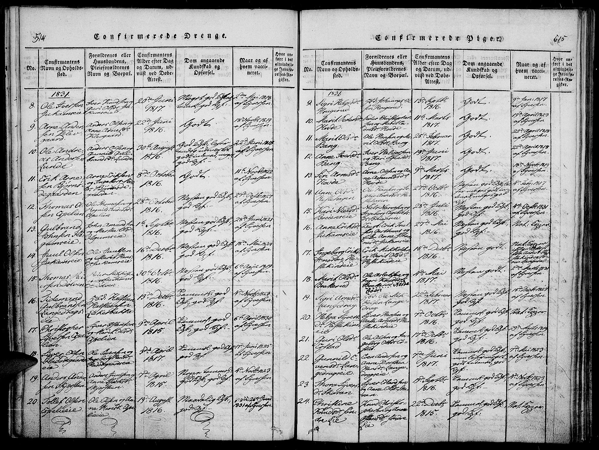 Sør-Aurdal prestekontor, SAH/PREST-128/H/Ha/Haa/L0003: Parish register (official) no. 3, 1825-1840, p. 514-515