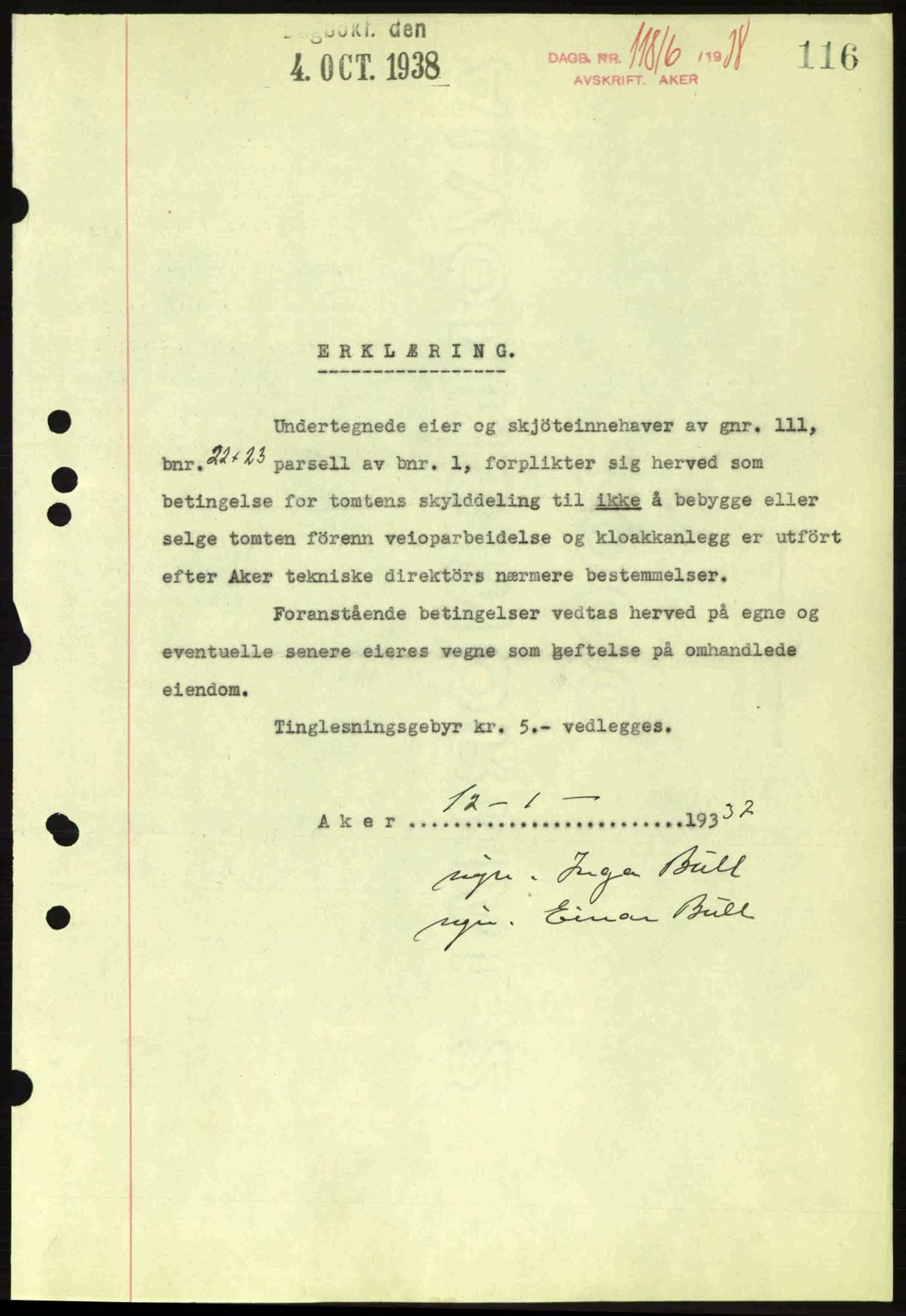 Aker herredsskriveri, SAO/A-10896/G/Gb/Gba/Gbab/L0025: Mortgage book no. A154-155, 1938-1938, Diary no: : 11816/1938