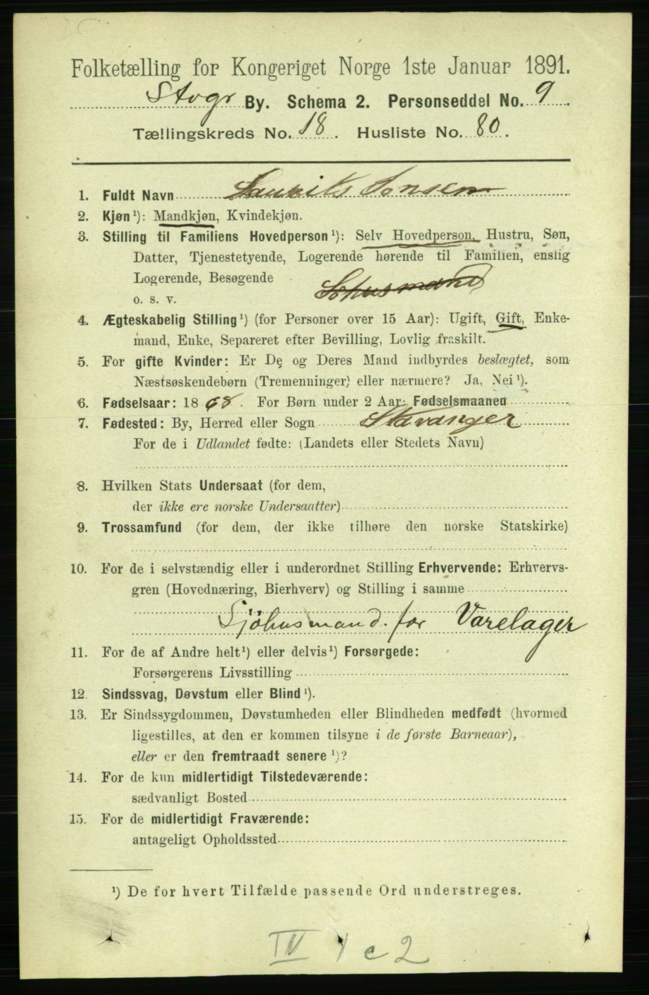 RA, 1891 census for 1103 Stavanger, 1891, p. 22385