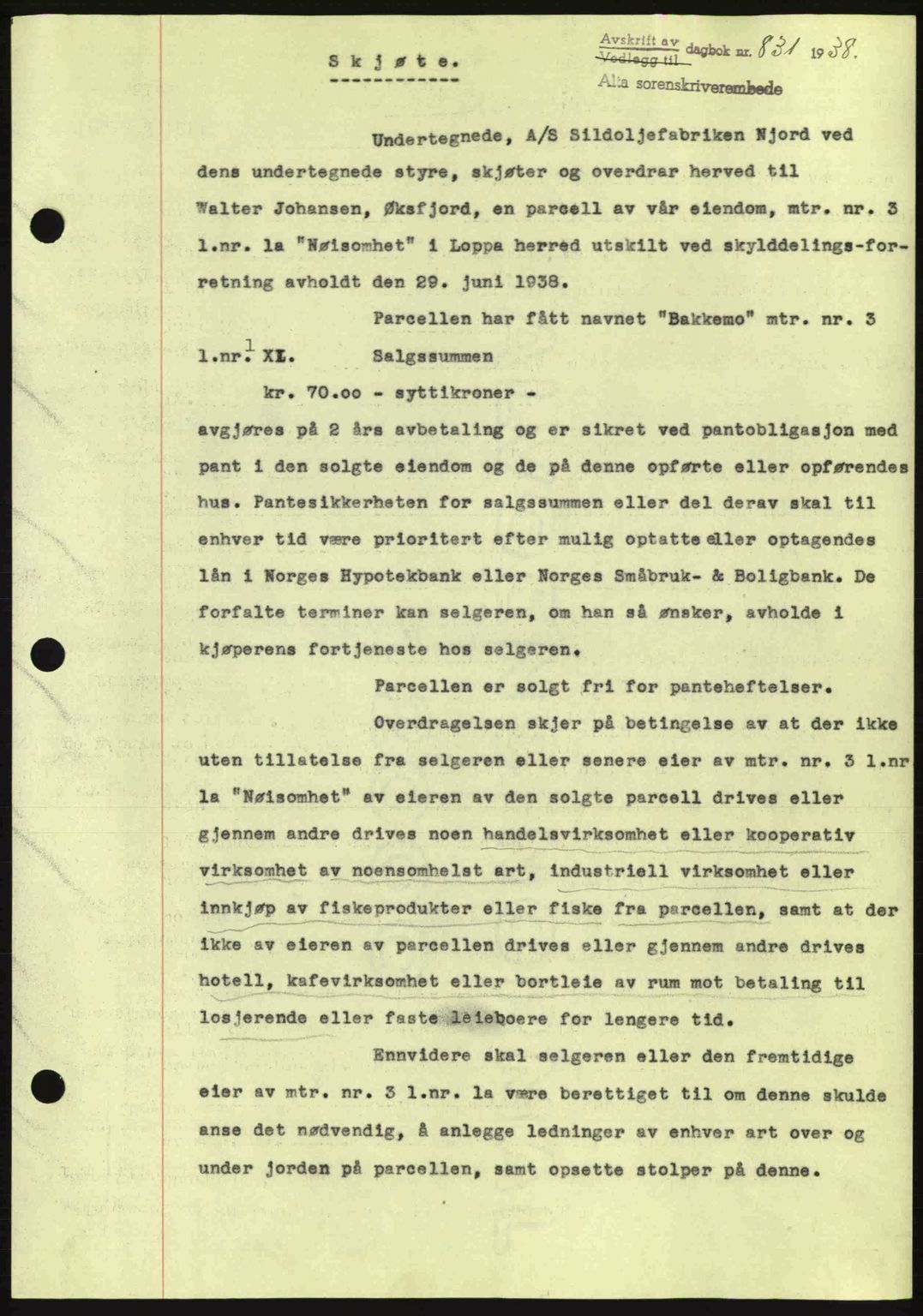 Alta fogderi/sorenskriveri, SATØ/SATØ-5/1/K/Kd/L0031pantebok: Mortgage book no. 31, 1938-1939, Diary no: : 831/1938